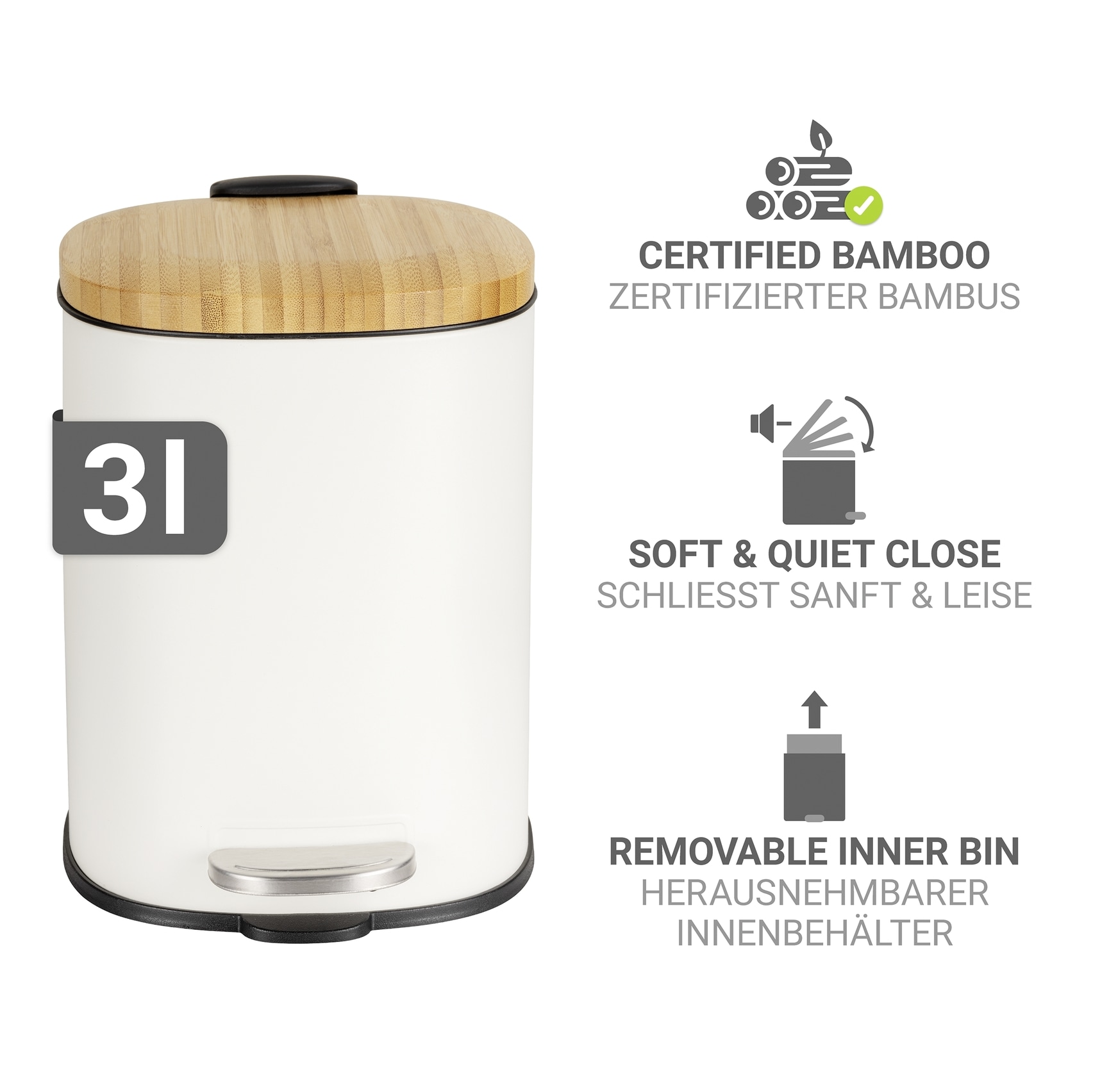WENKO Kosmetikeimer »Fianema« fürs Badezimmer, Easy-Close-Mechanik, Inneneimer: 3 L