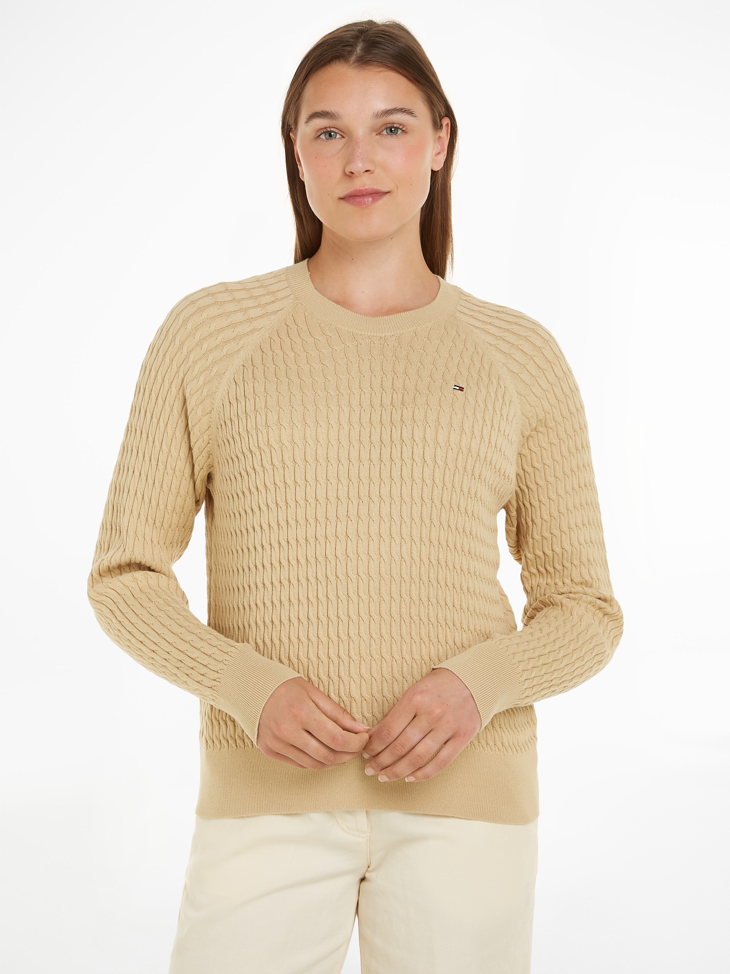 Tommy Hilfiger Rundhalspullover »CO CABLE C-NK SWEATER«, mit Zopfmuster