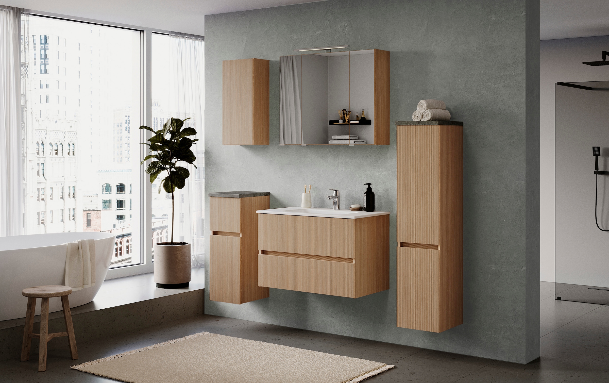 welltime Badmöbel-Set »Eixo«, Set 140 cm breit, Badmöbel mit LED-Beleuchtung