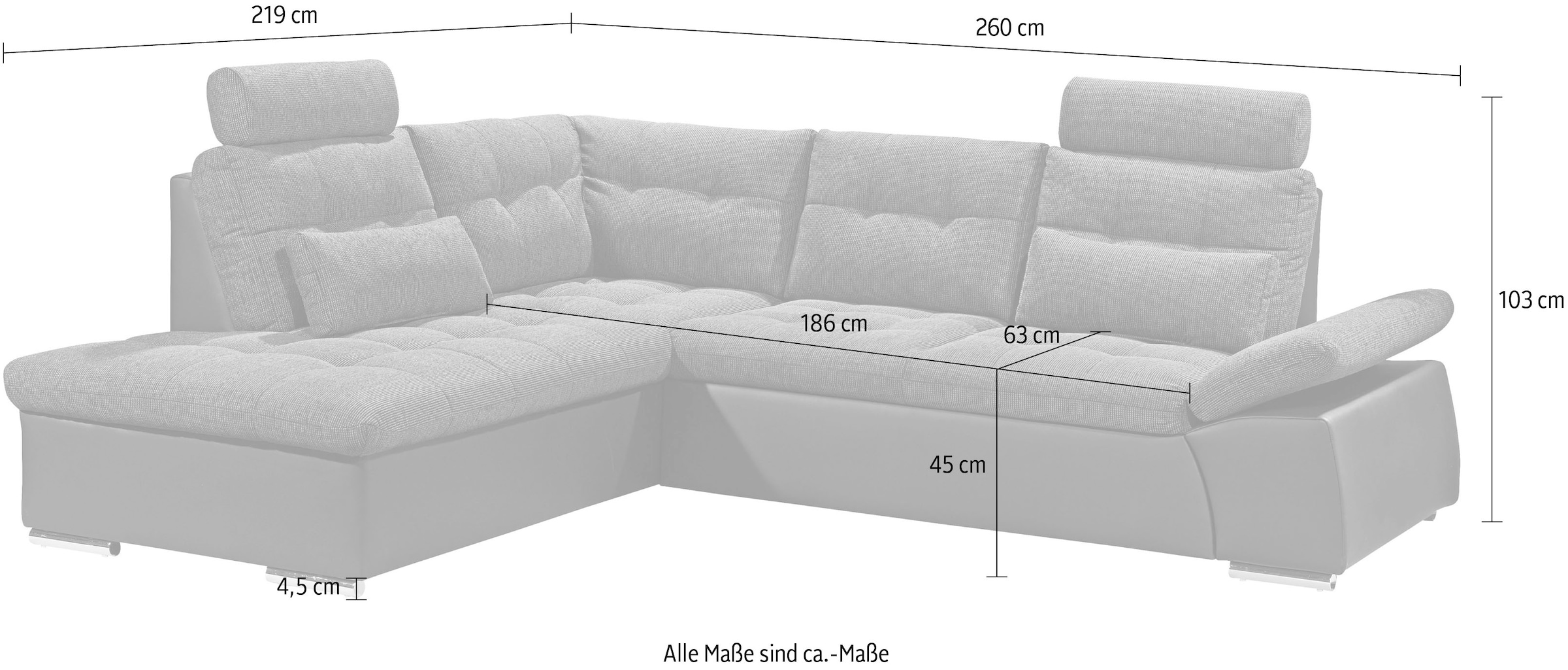 ED EXCITING DESIGN Ecksofa »Jakarta L-Form«, mit Bettfunktion, Armteilverstellung, Kopfstützen & 2 Nierenkissen