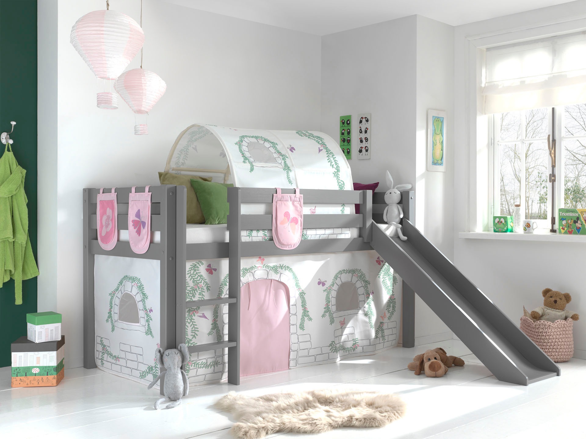 Vipack Hochbett »Pino«, (Made in Europe), Massivholz, Textil-Set "Birdy", wahlweise mit Rutsche und Bett-Tunnel