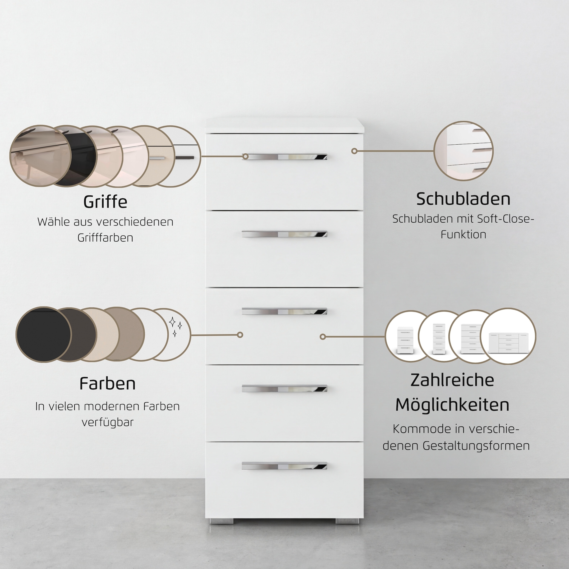 rauch Schubkastenkommode »Highboard Sideboard Kommode MONTCLAR Frontauswahl Dekor/Hochglanz/Glas« in 2 Breiten: 40 oder 80 cm / Höhe 100 cm, inkl. Soft-Close-Funktion,  mit 5 geräumigen Schubladen, viele Griffvarianten MADE IN GERMANY