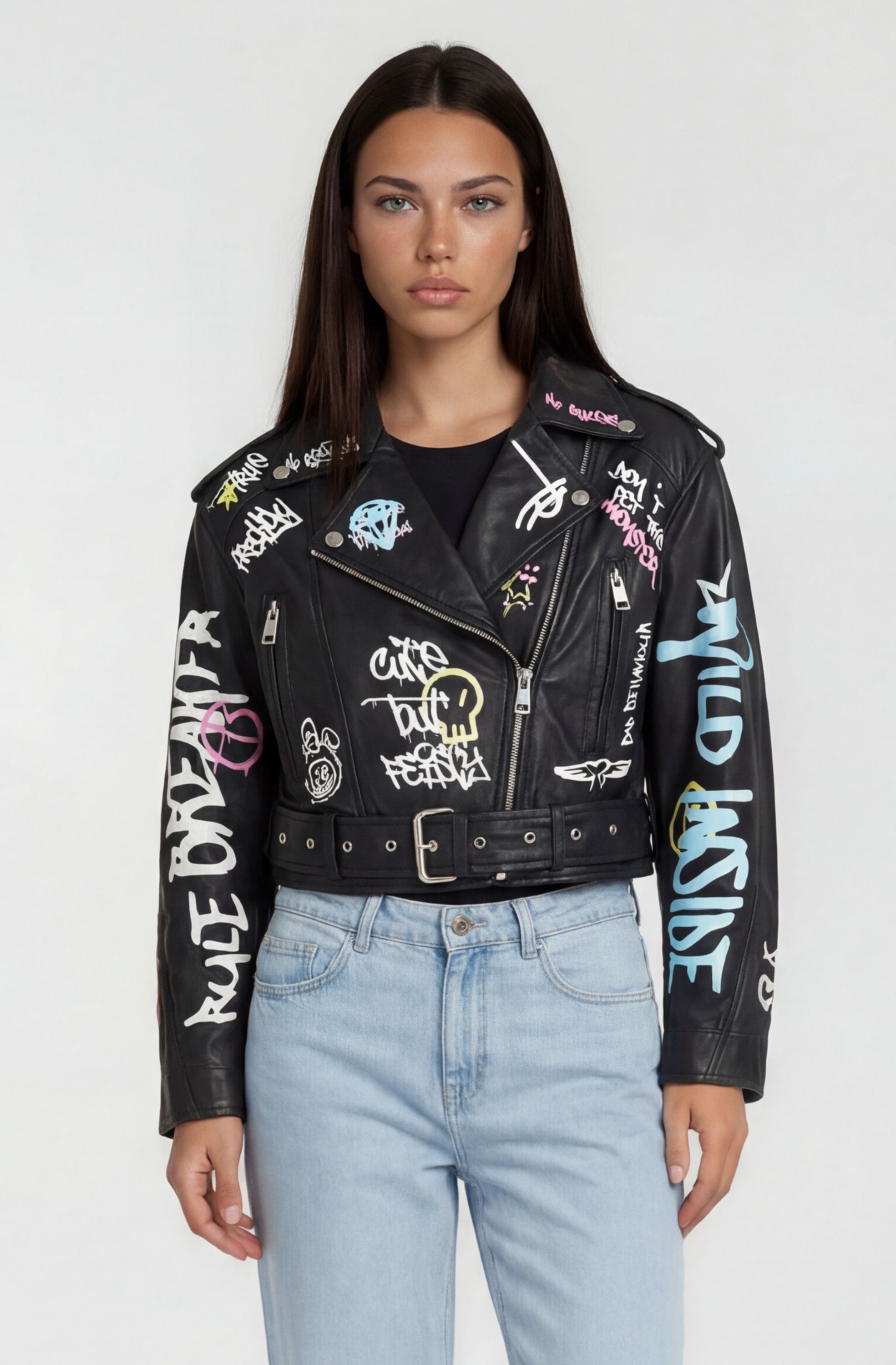 trueprodigy Lederjacke "Senra Graffitiprint und Gürtel" ohne Kapuze