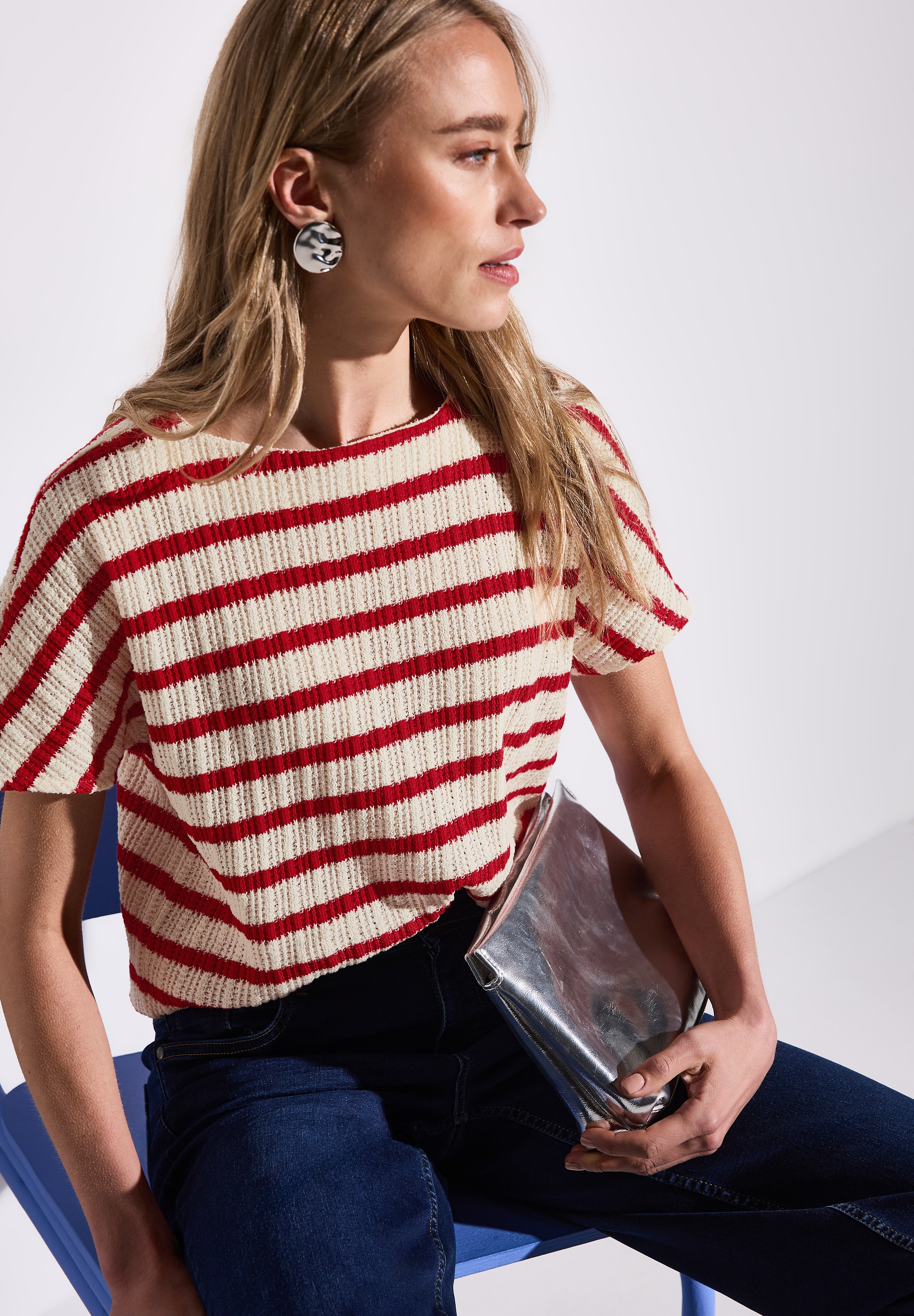 STREET ONE Kurzarmpullover, gestreift, in Struktur-Optik günstig online kaufen