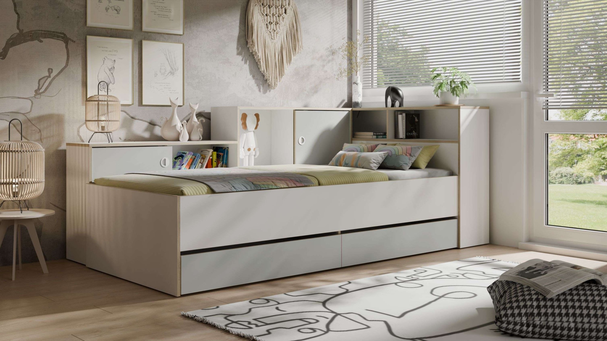 OTTO home Jugendbett "ELLEETE Stauraumbett 90x200 cm, Maße B/T/H: 231,5/125,5/88,5 cm" Bett ohne Matratze mit 2 Schubladen, 2 Türen und 6 Fächer