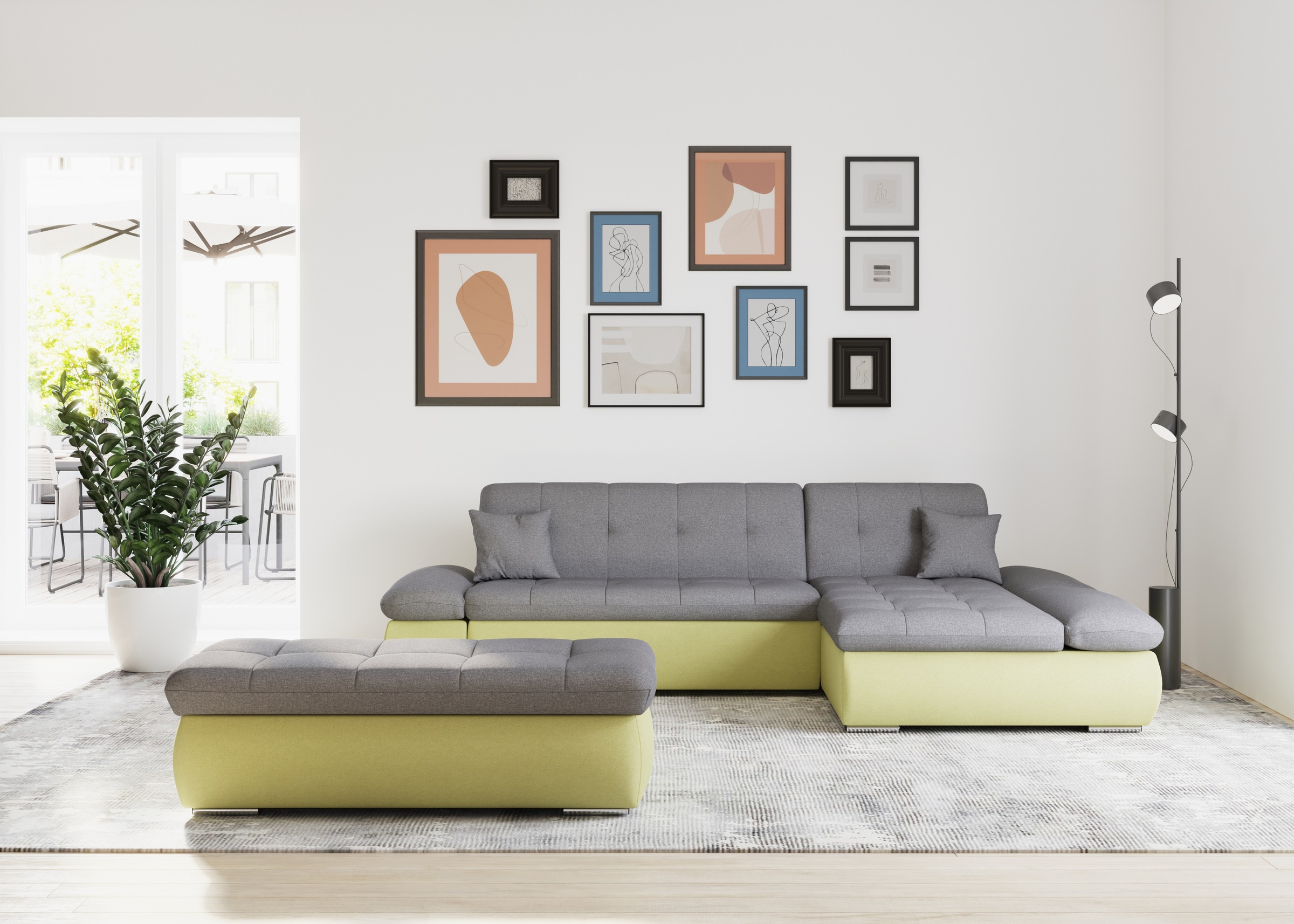 DOMO collection Kampinė sofa »Moric B/T/H 300/172/80 cm auch in audinys L-Form« XXL-dydis patogi auch su miegojimo funkcija ir Armverstellung