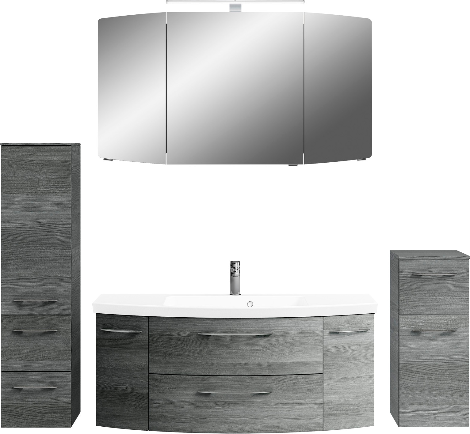 Saphir Badmöbel-Set »Cassca Sprint 4-teilig Mineralmarmor-Waschtisch mit LED-Spiegelschrank«, (5 St.), Midischrank, Unterschrank, inkl. Türdämpfer, 7 Türen, 5 Schubladen