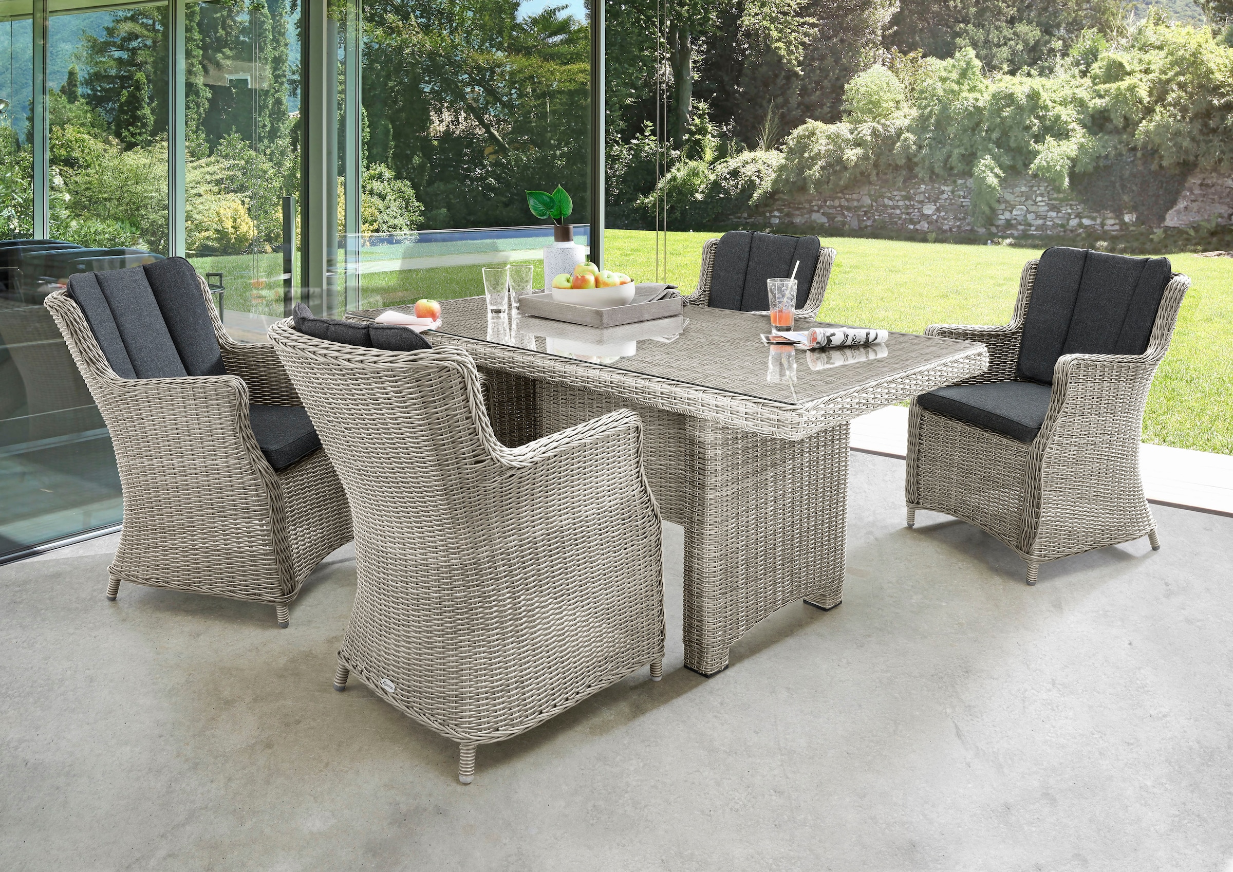 Destiny Garten-Essgruppe "LUNA" 4x Sessel, 1x Tisch, inkl. Auflagen, 13 Stk. tlg. Aluminium, Polyrattan