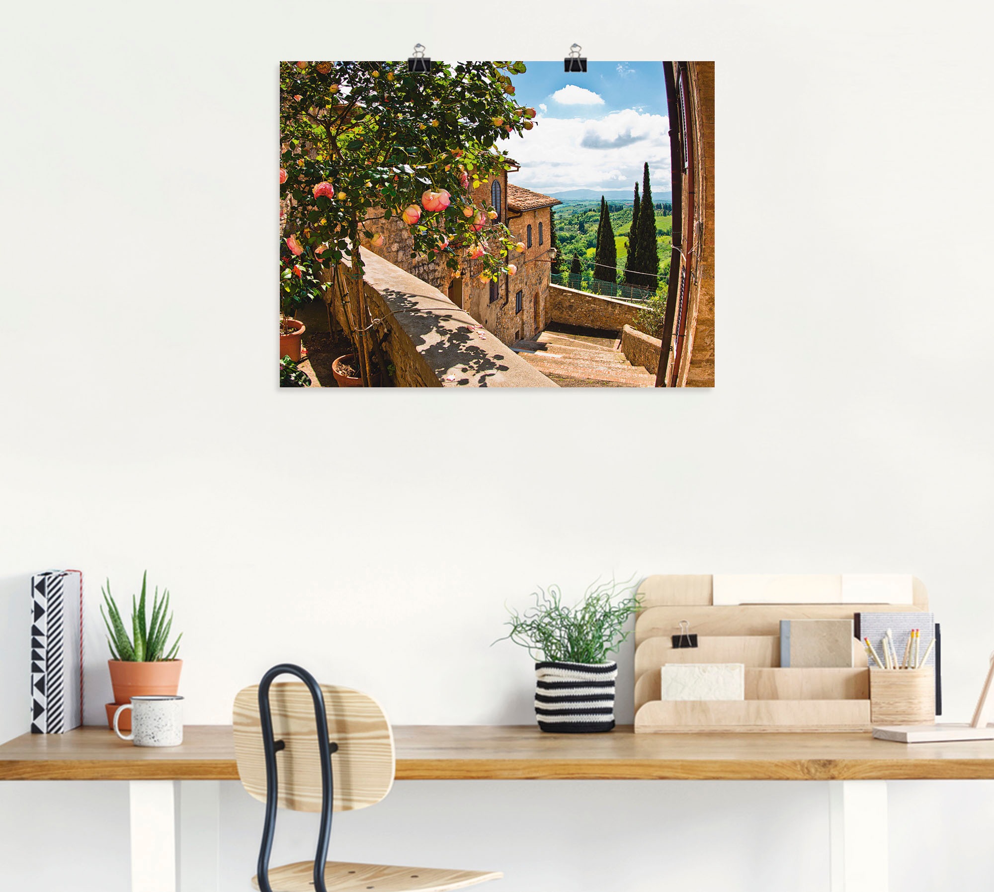 Artland Wandbild »Rosen auf Balkon Toskanalandschaft«, Garten, (1 St.), als Alubild, Outdoorbild, Leinwandbild, Poster, Wandaufkleber