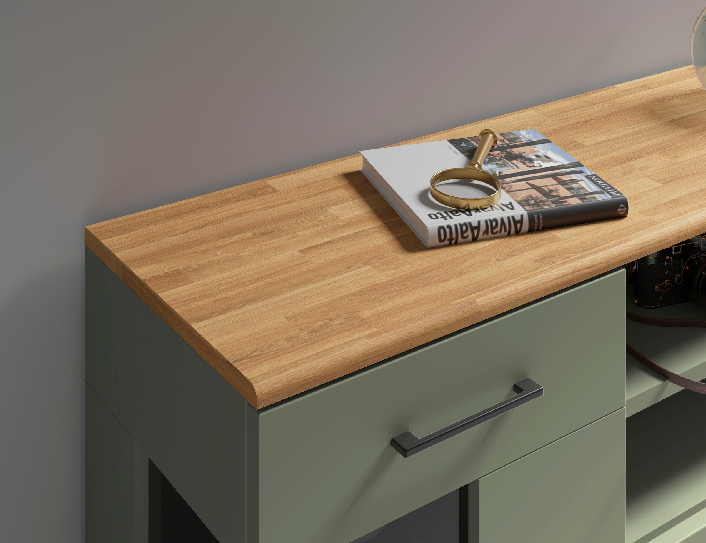 Home affaire Lowboard »Ribe,160cm breit,55cm hoch,Oberplatte Eiche massiv«, Eiche massiv,Melamin in Salbeigrün,schwarze Metall Griffe