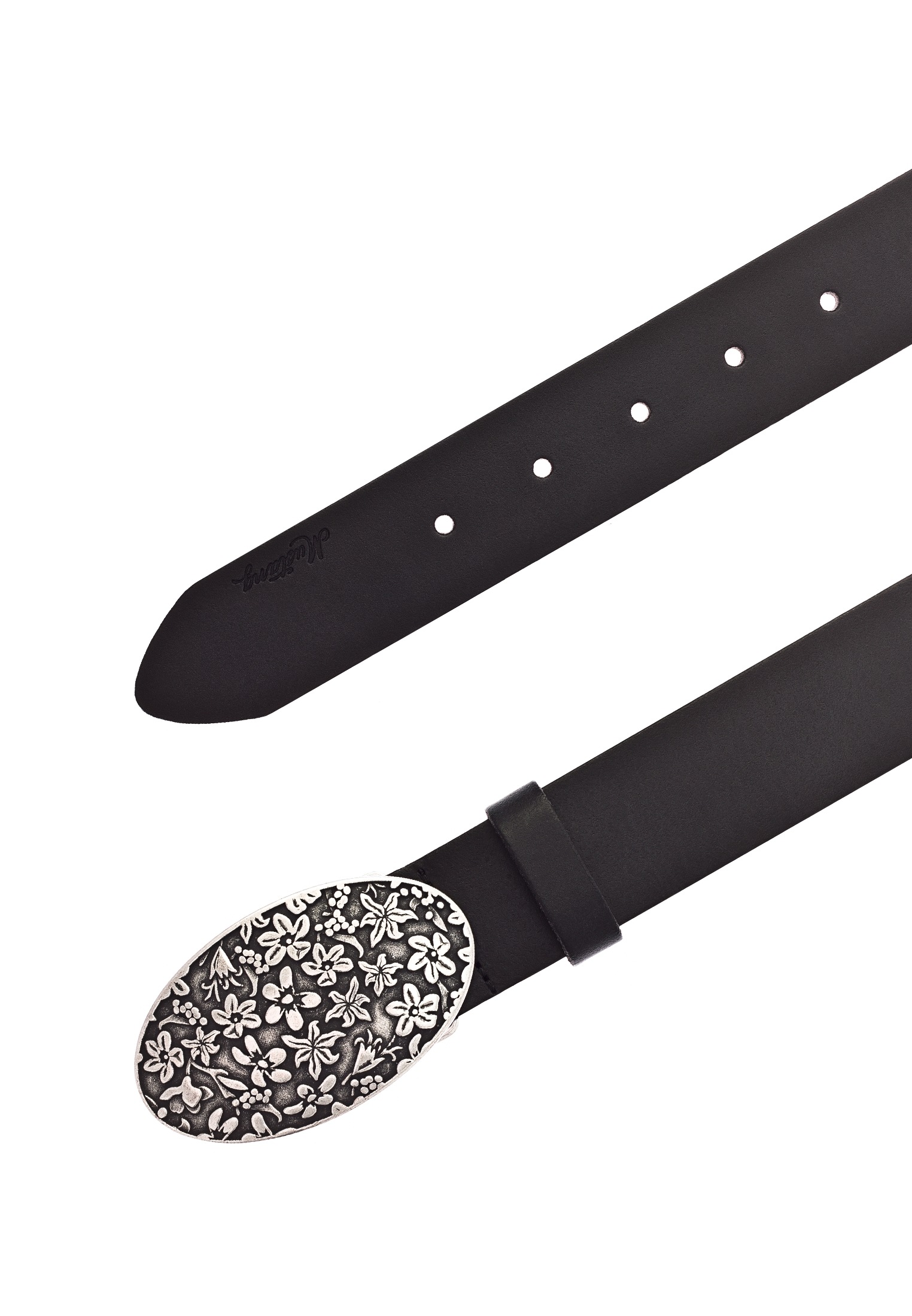 Koppelgürtel MUSTANG, Damen, Gr. 85, schwarz (790, schwarz), Rindsleder, unifarben, Gürtel Koppelgürtel, Florale Koppelschließe in mattem Silber, 3,5 cm 2