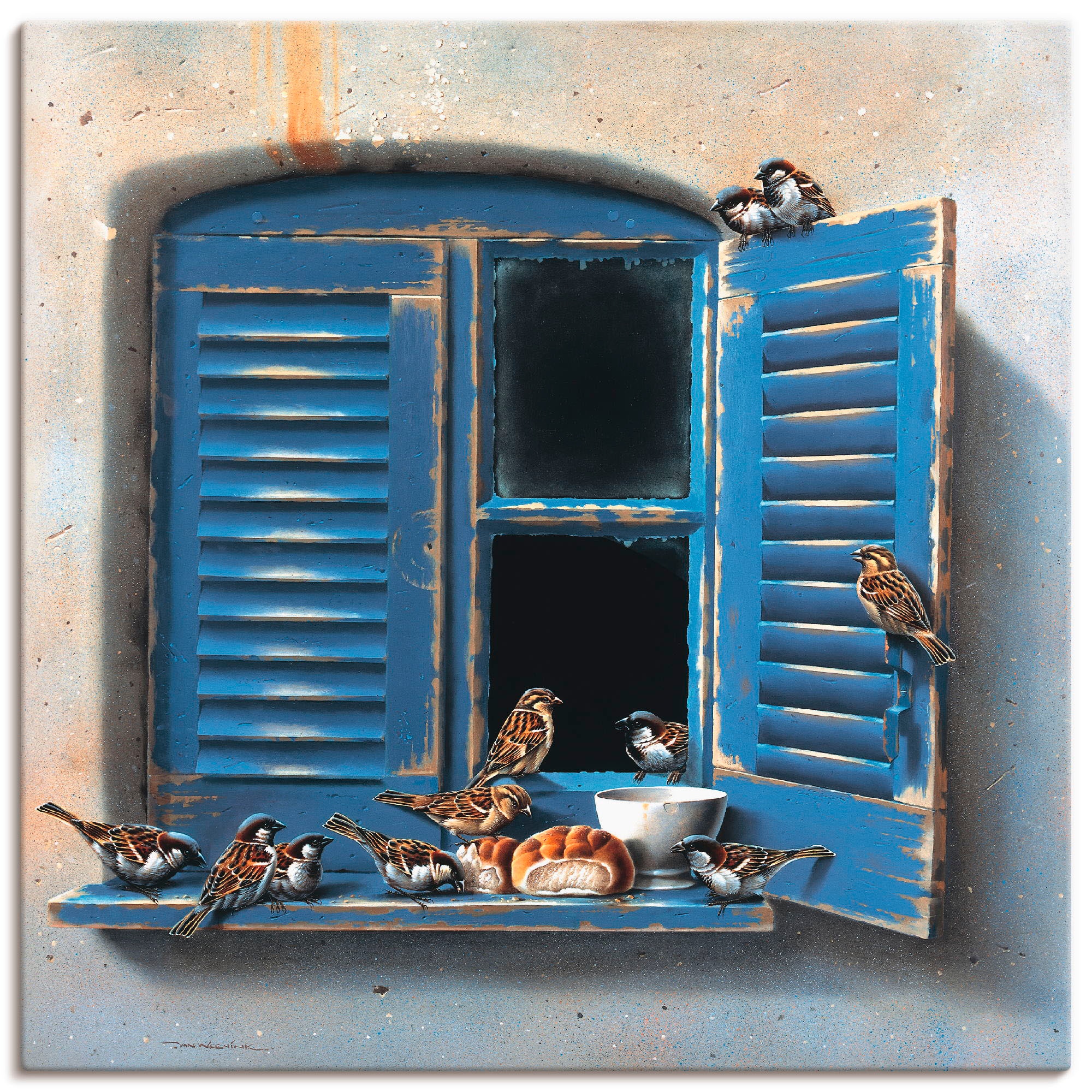 Artland Leinwandbild "Vogelbesuch II" Fenster & Türen 1 Stk. tlg. auf Holzrahmen gespannt