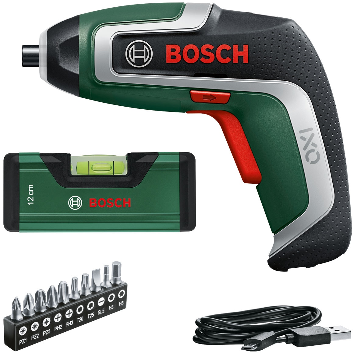 Bosch Home & Garden Akku-Schrauber "IXO 7 Level Set" mit Bit-Set, Wasserwage und Ladekabel
