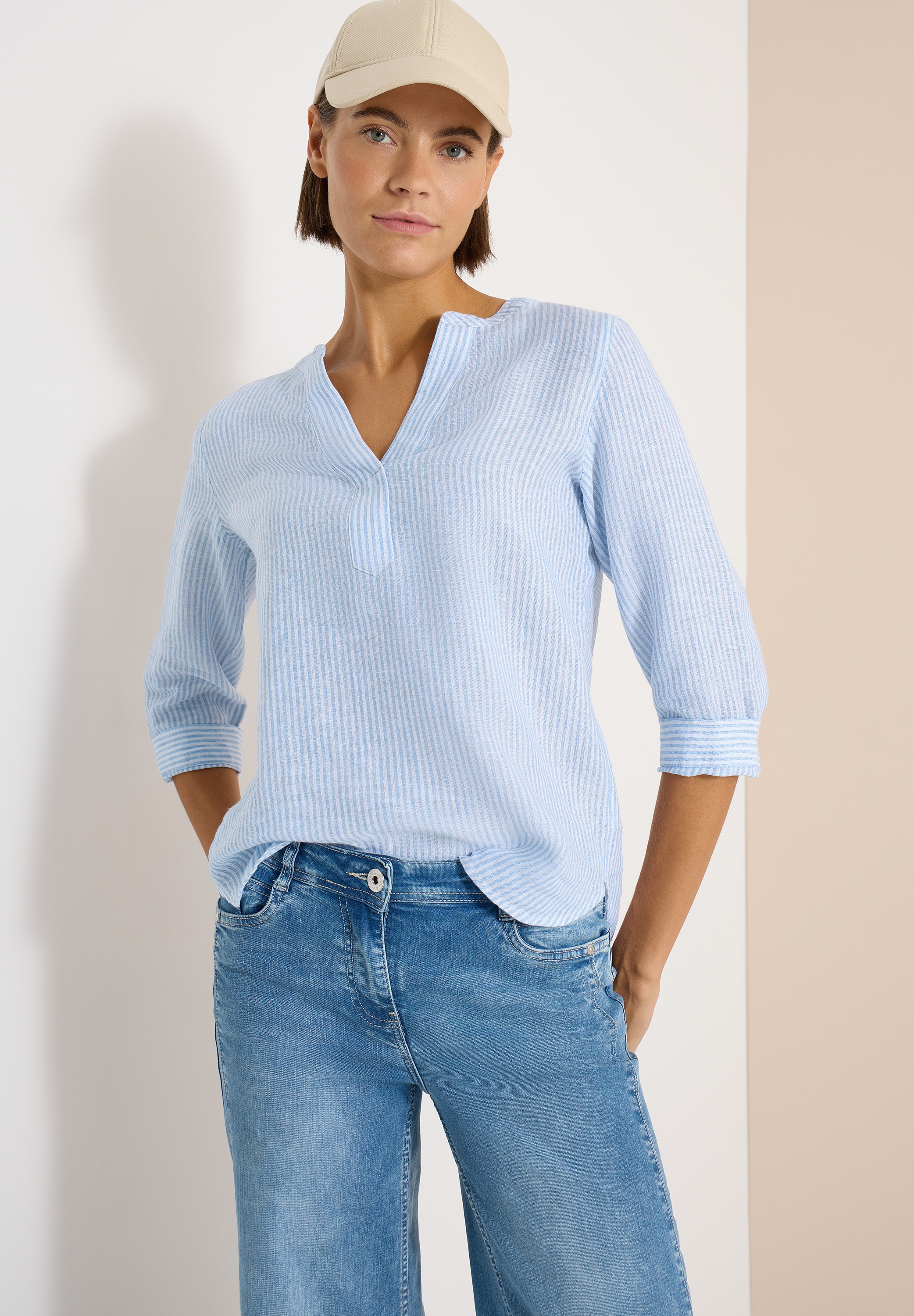 Langarmbluse CECIL, Damen, Gr. XL (44), blouse blau, Web, 100% Leinen, gestreift, klassisch normal, Rundhals, Bündchen, Blusen, aus Leinen