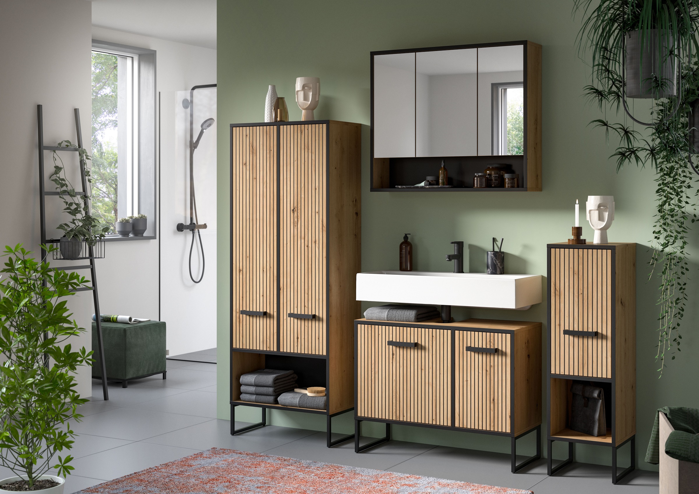 welltime Hochschrank »LOCRI, Höhe 159 cm, 2 Türen, 6 Einlegeböden, 1 offenes Fach« industrial Look mit Rillenoptik & Metall Kufen, 1 Stk. tlg. variable Einlegeböden, modernes Design, Badschrank, Bad