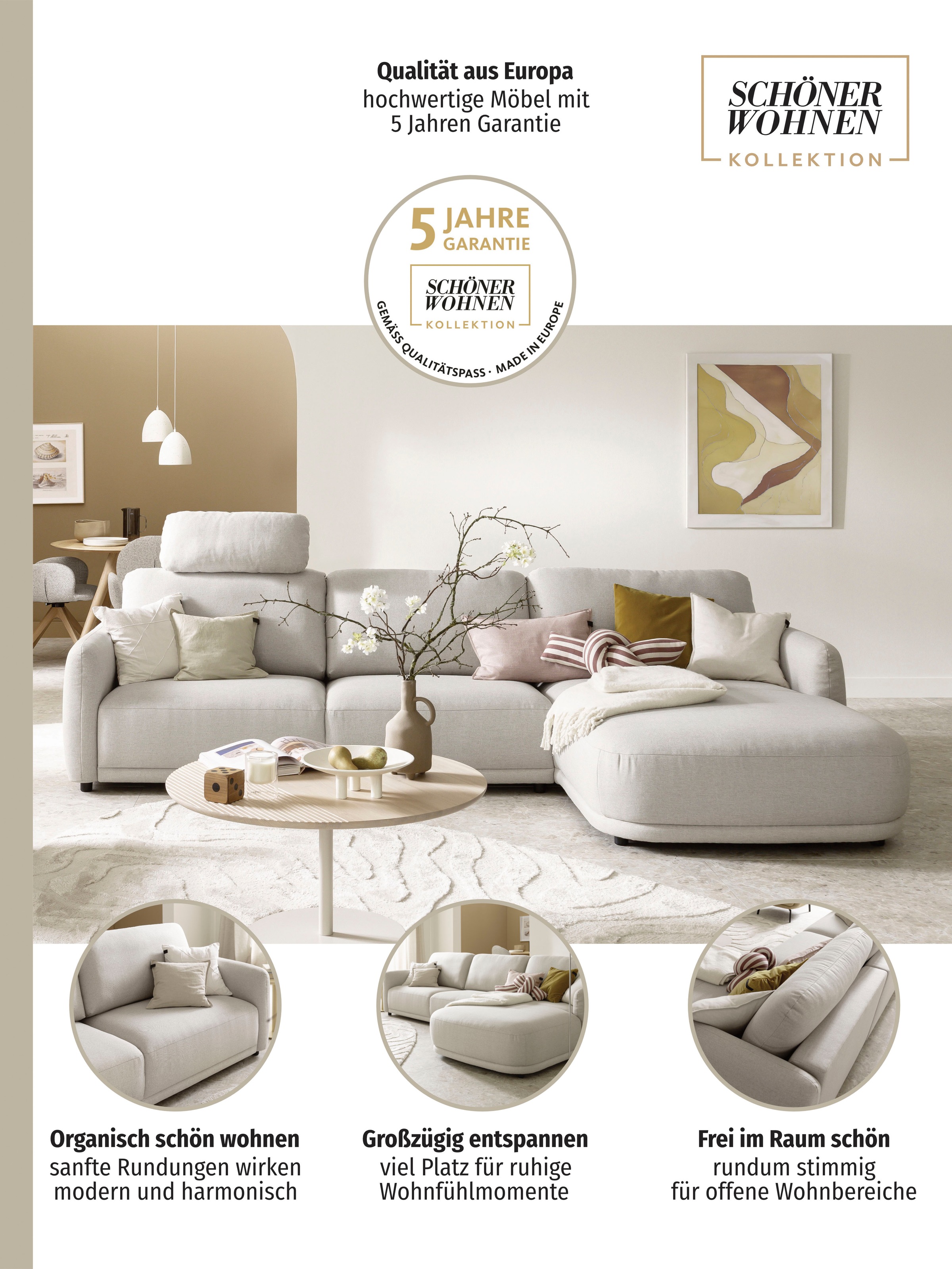 SCHÖNER WOHNEN-Kollektion Ecksofa »Wonder, organisches Design, Breite 318cm, schmale Armlehnen, L-Form« Sanfte Kurven, Kammerkissen-Komfort & maximale Entspannung