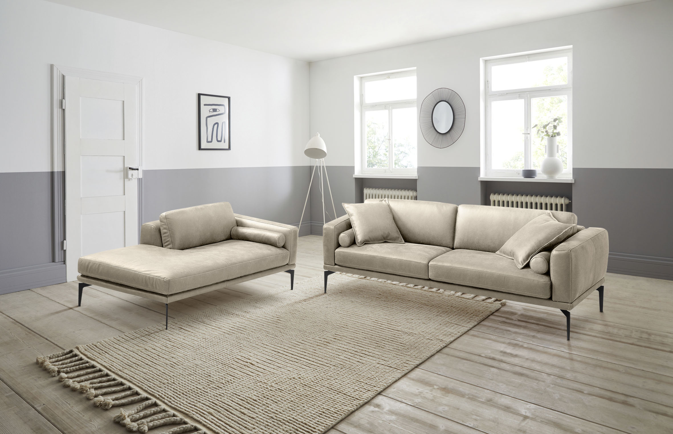 Egoitaliano Polstergarnitur "Masu, Design trifft sensationellen Sitzkomfort" Set besteht aus 2,5-Sitzer, freistehende Ottomane und 3 Rollkissen