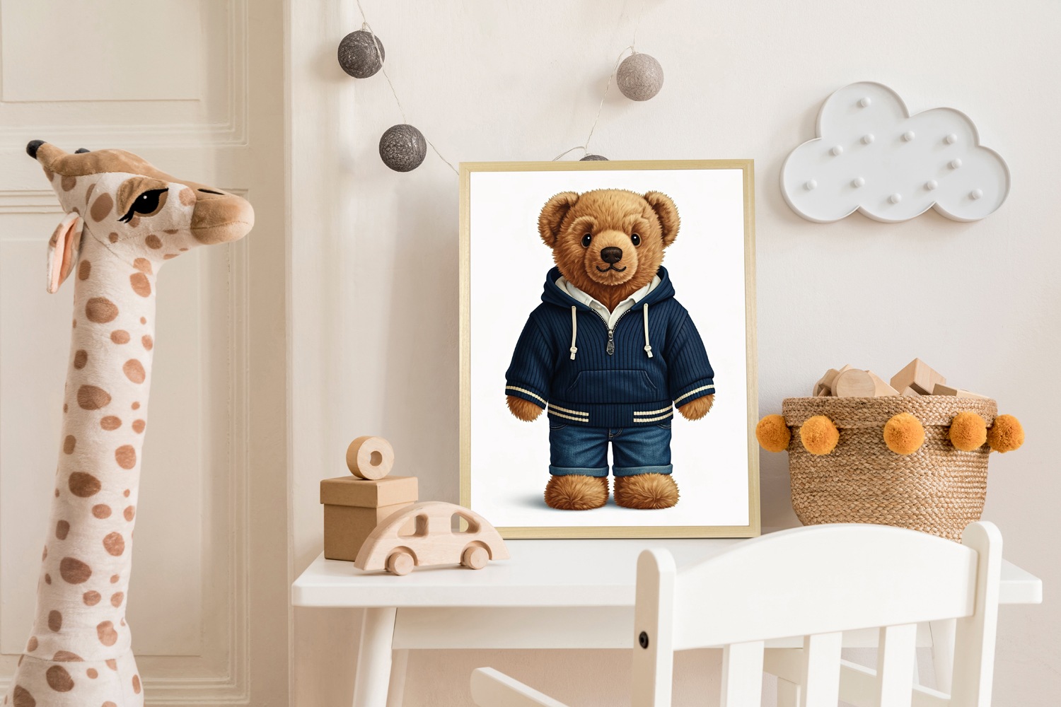 queence Bild mit Rahmen »Teddy Bär mit Jeans und Hoody« Bär | Bären | Fashion | Figuren | Mode | Modebilder HD Premium Poster-Druck inkl. Echtholzrahmen in beige