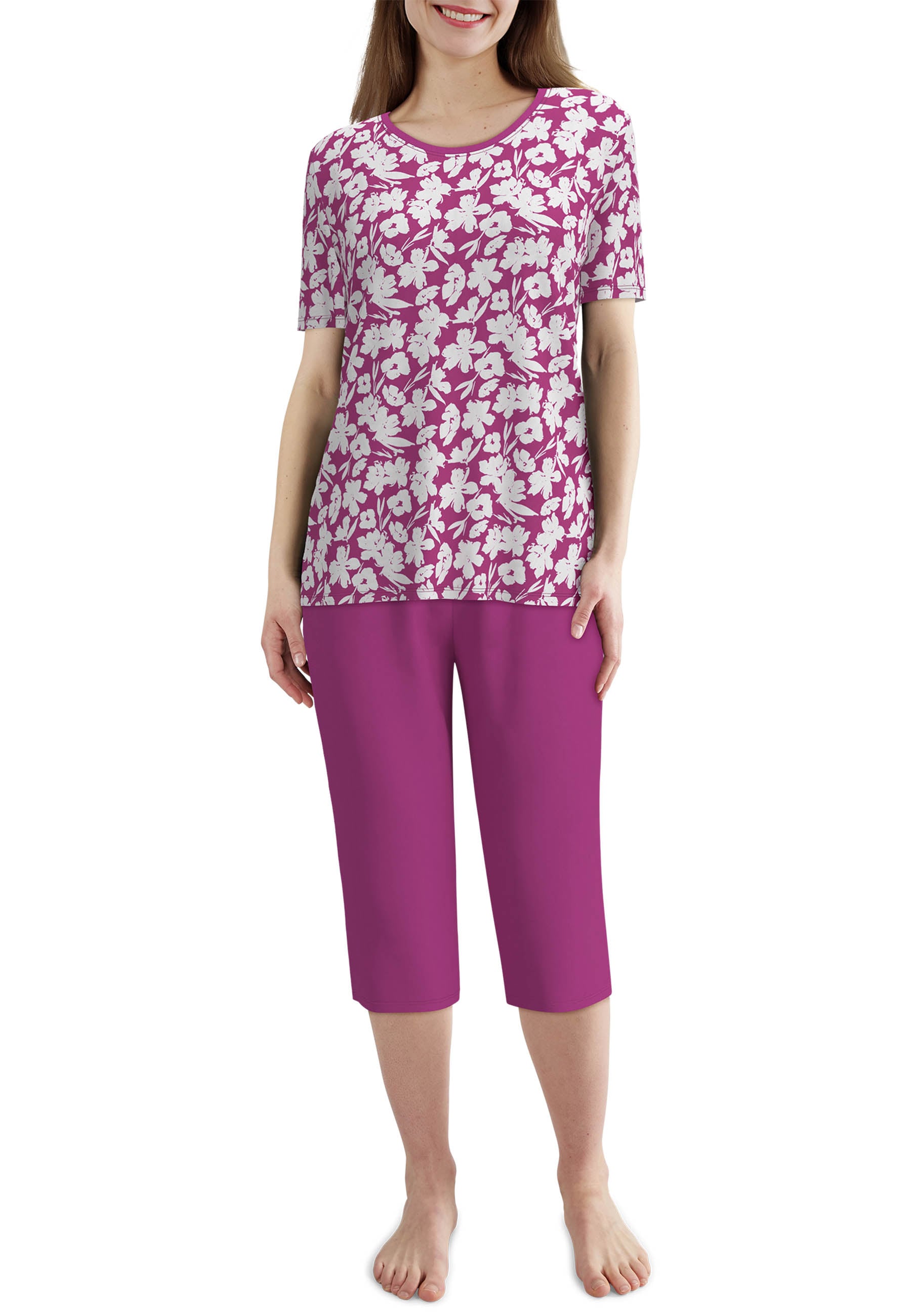 GÖTZBURG Pyjama 3/4 Arm, 7/8 Hose, Rundhalsausschnitt, geblümt, Baumwolle