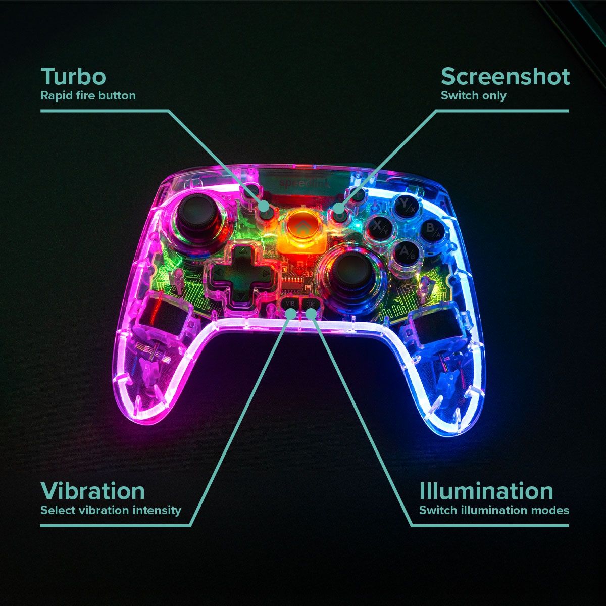 Speedlink Gaming-Controller »RAIT NX RGB - kabelloses Gamepad für PC/Android/Switch OLED/Lite«, RGB-Beleuchtung, Hall Effekt Sensoren, Makro-Tasten, Turbofunktion