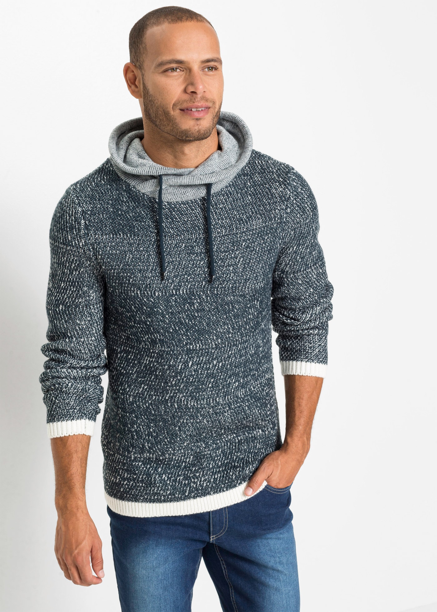 bonprix Strickpullover aus Polyacryl, mit Schalkragen und Kordelzug, melierte Optik