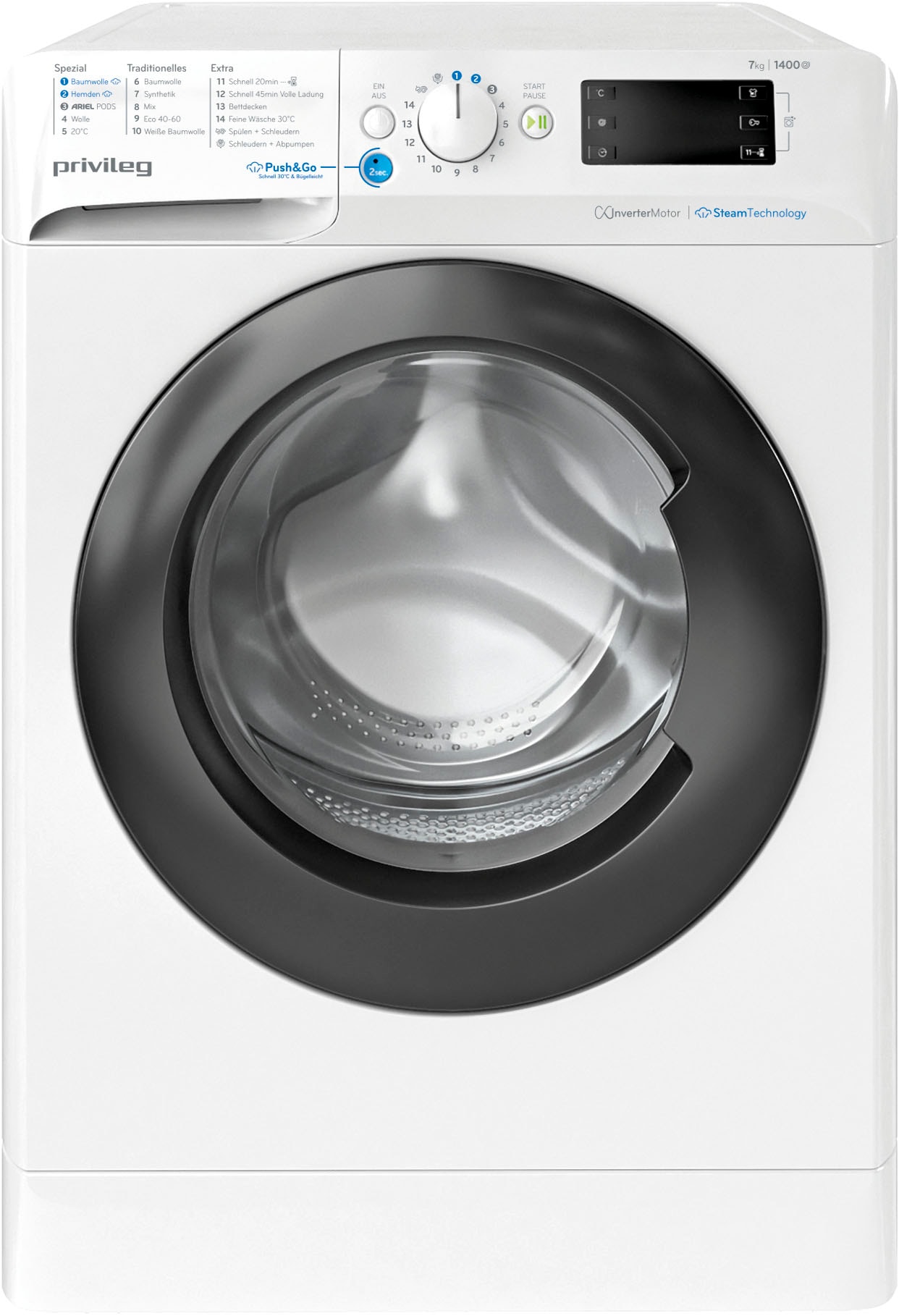 Privileg Waschmaschine "PWFV X 773 A", PWFV X 773 A, 7 kg, 1400 U/min, Dampf-Programme für Baumwolle und Hemden – glätte