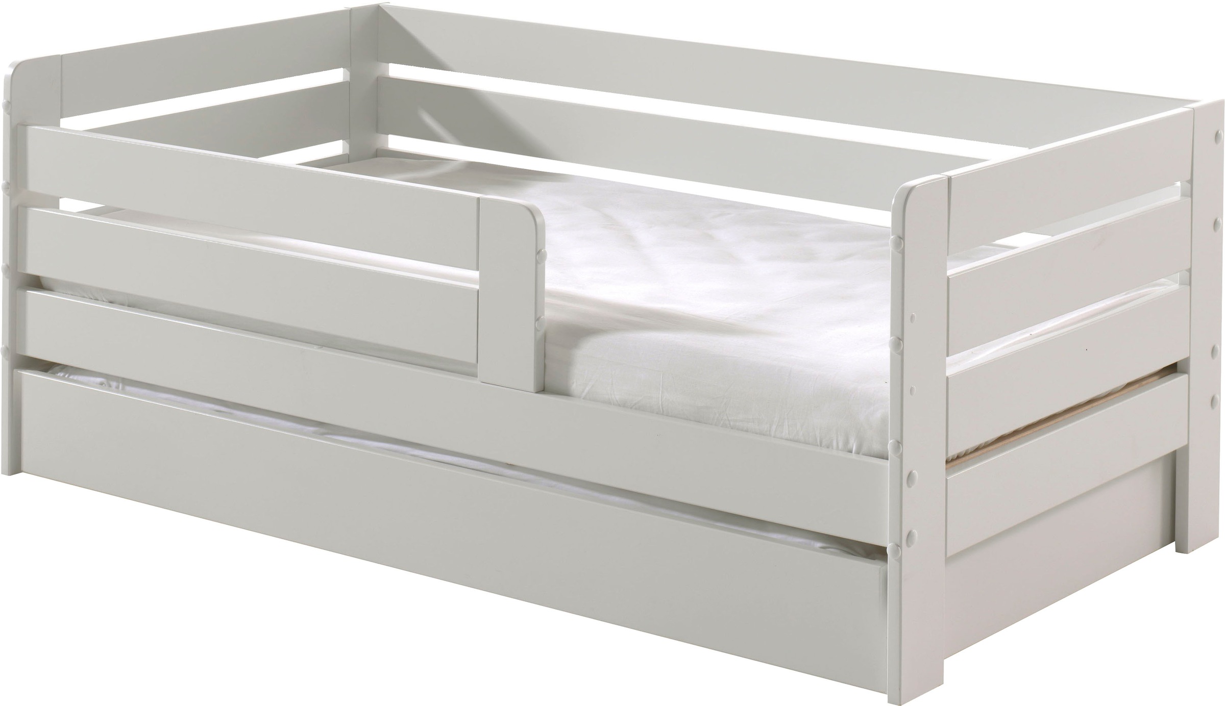 Vipack Kinderbett »Junior, Kiefermassiv mit umlaufendem Absturzschutz und Rolllattenrost«, (B/H/T ca. 143,6x56x70cm, mit niedrigem Betteinstieg), wahlweise in 2 Farben, mit oder ohne Schublade
