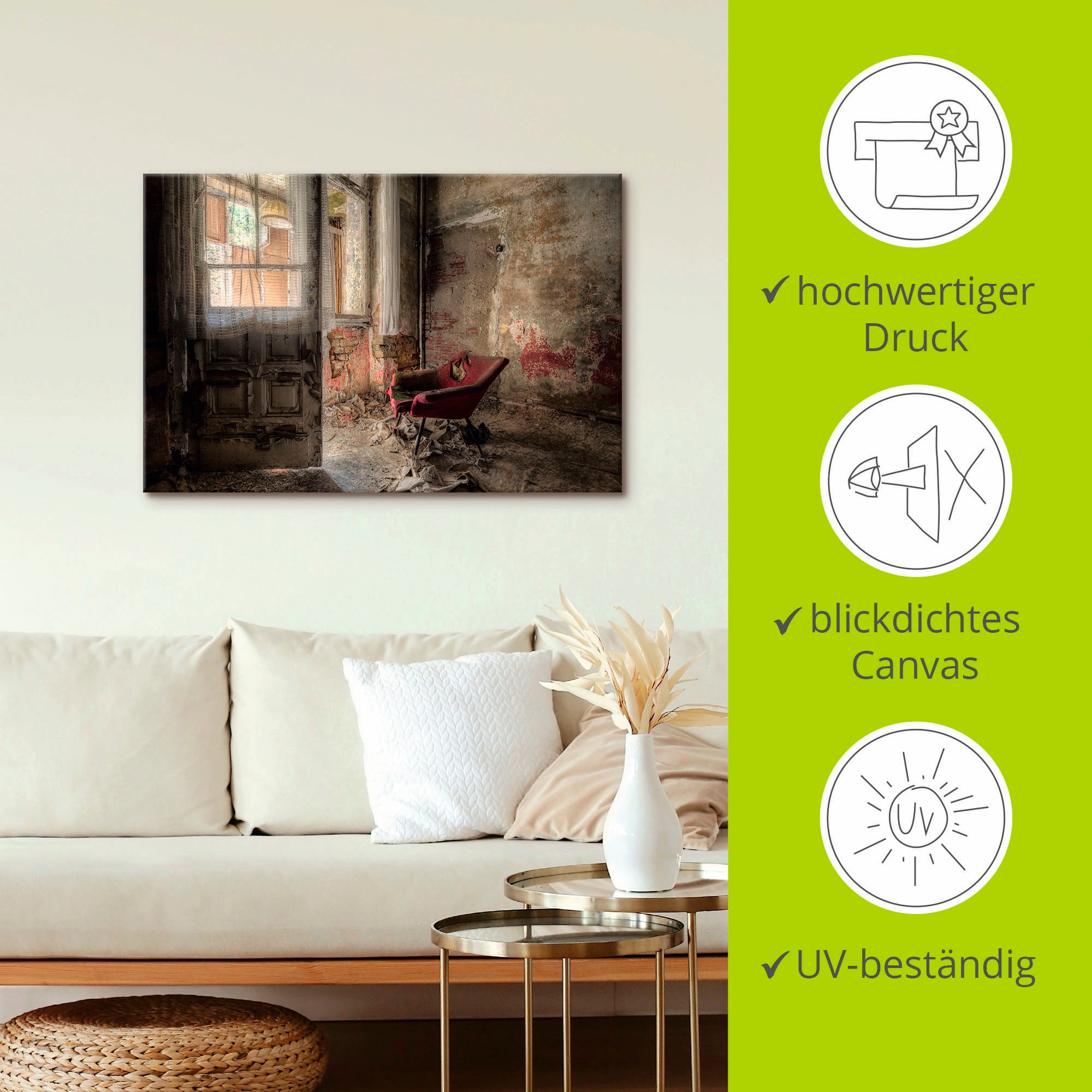 Artland Wandbild »Lost Place - roter Sessel I«, Innenarchitektur, (1 St.), als Alubild, Outdoorbild, Leinwandbild, Poster, Wandaufkleber