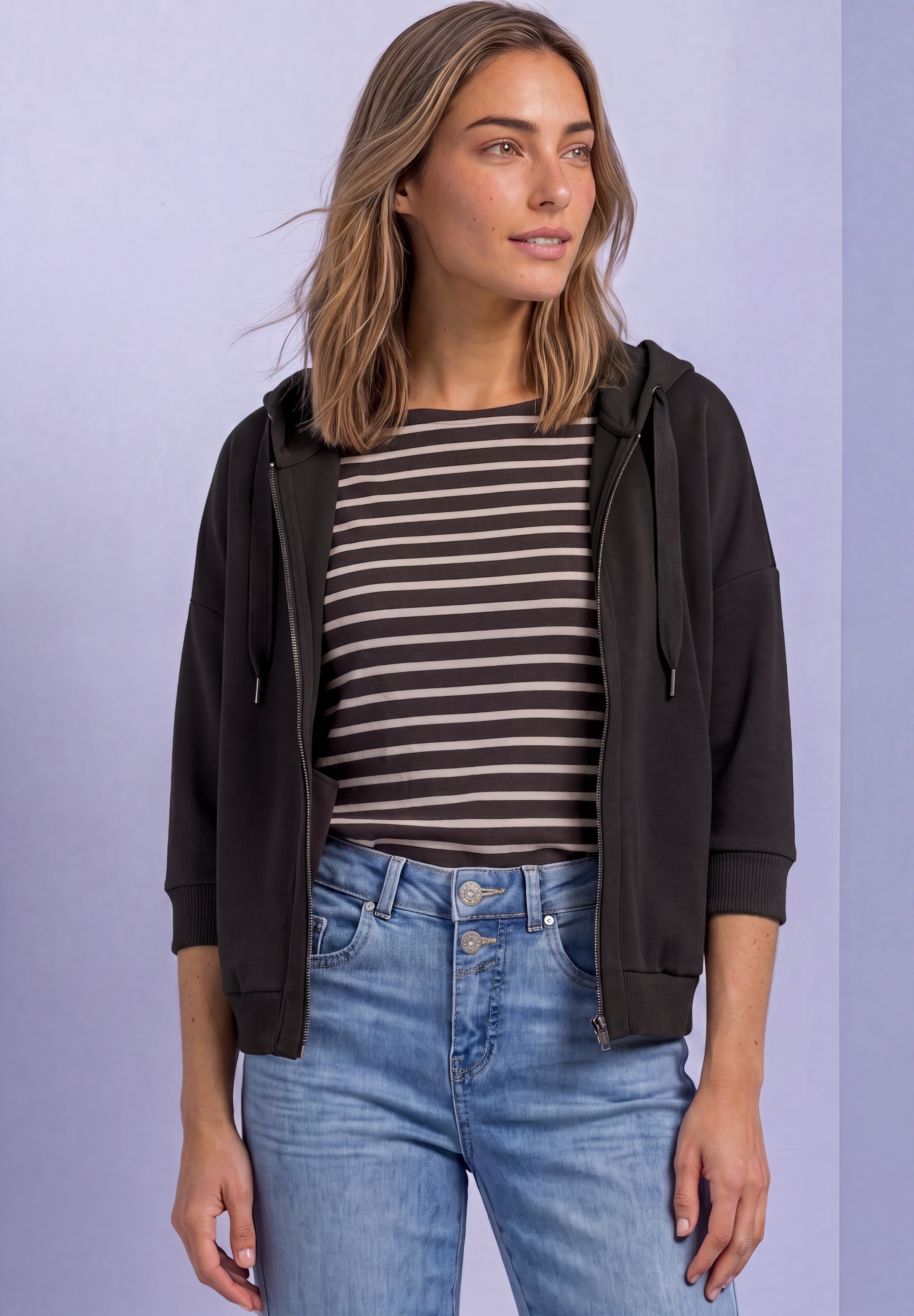 STREET ONE Sweatjacke 3/4-Arm Jacke im Silk-Look mit Rippdetails