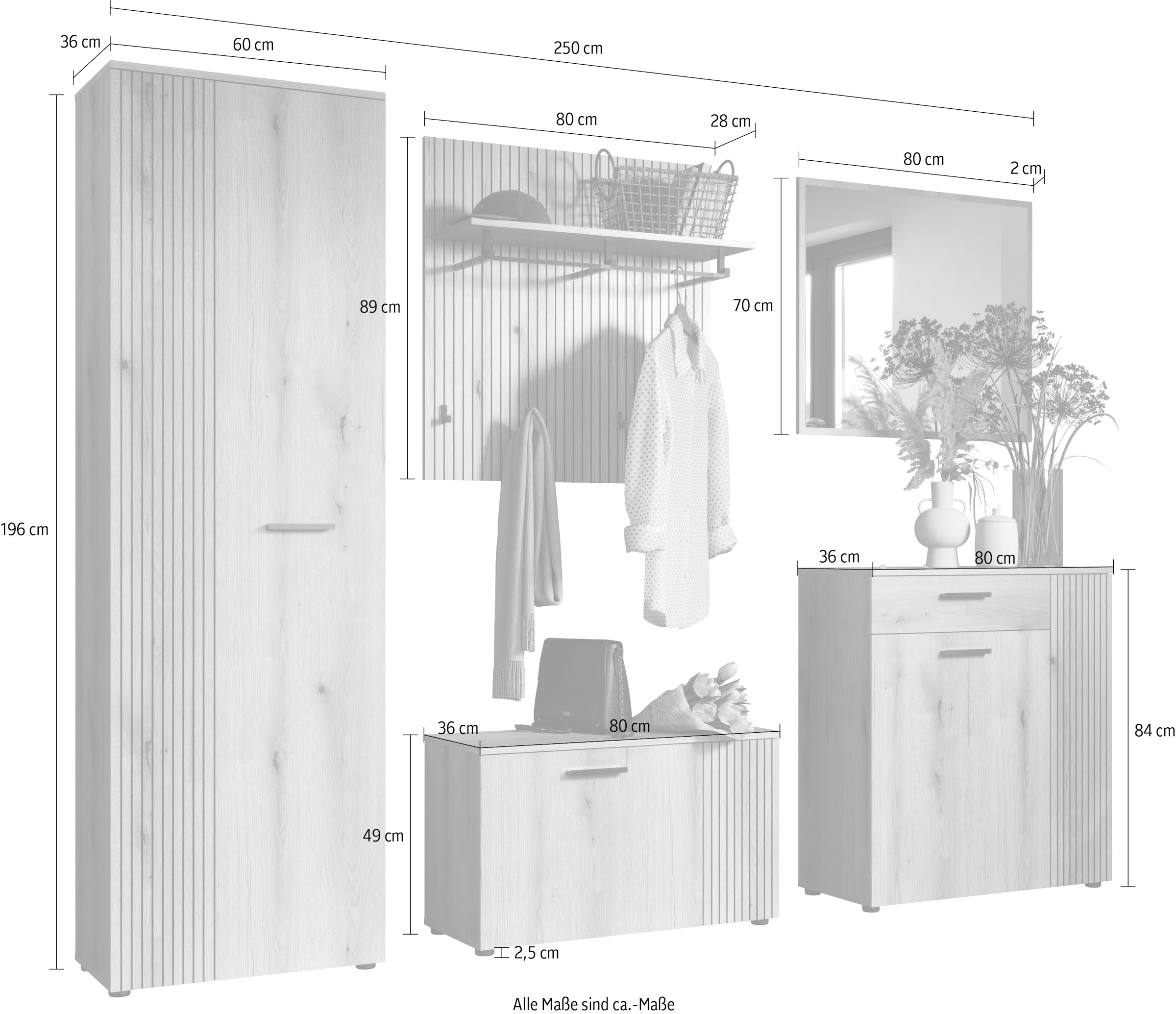 Home affaire Garderoben-Set »Amrum« Komplett-Set, 5 Stk. tlg. Set bestehend aus: Schrank, Sitzbank, Wandpaneel, Kommode & Spiegel