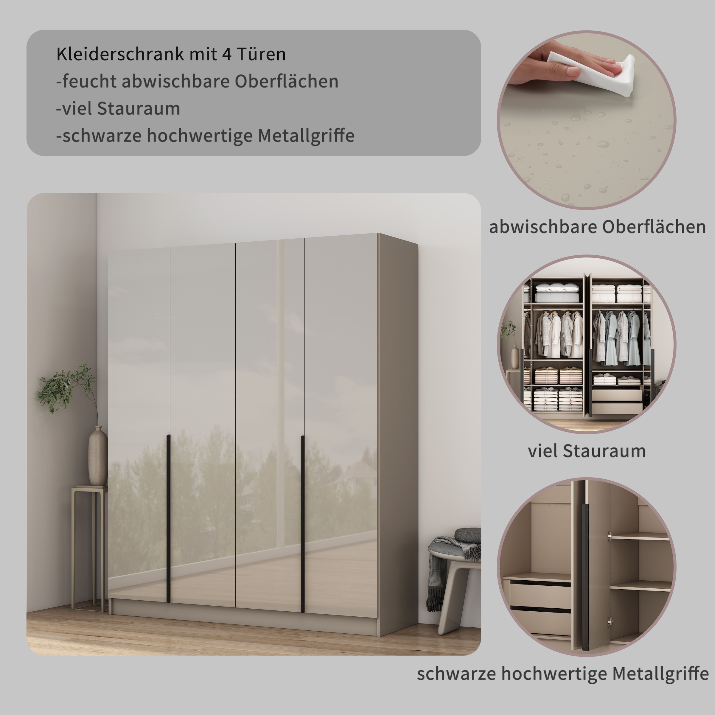 OTTO home Kleiderschrank »Annor Schlafzimmerschrank Breite 162cm hochglanz Schrank Garderobe« Drehtürenschrank mit perfekter Innenausstattung - elegante Türgriffe