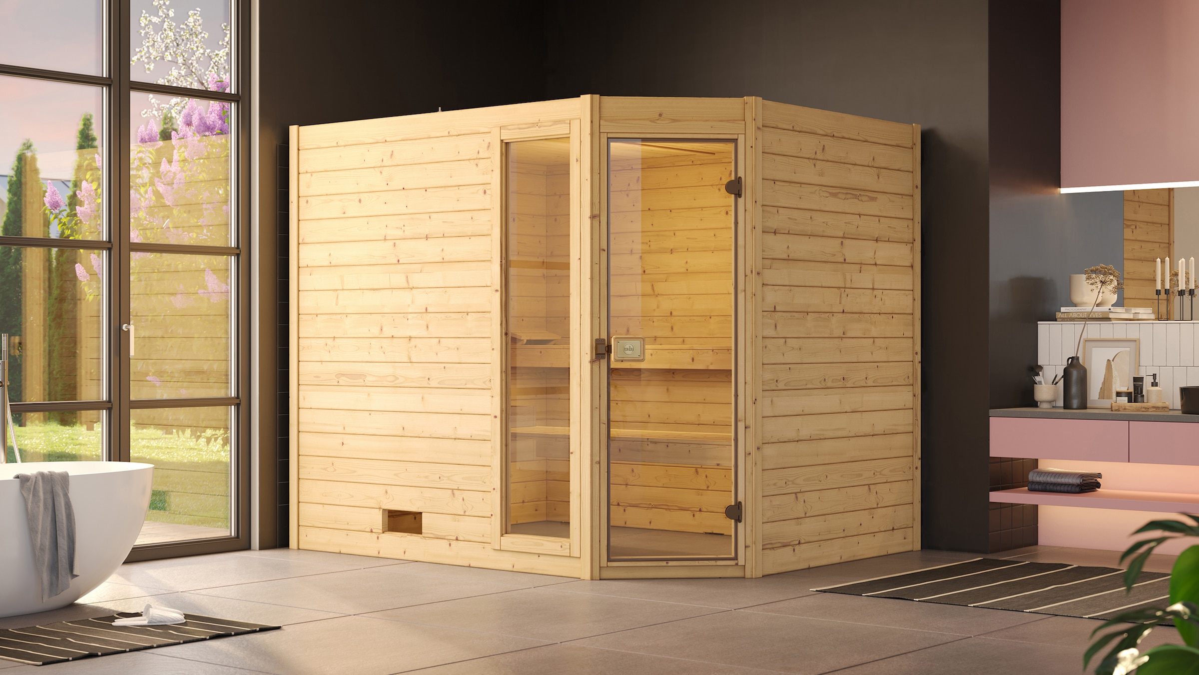 weka Sauna »Massivholzsauna VALIDA Eck 3«, Blockbohlen, Fensterlement, moderne Ganzglastür