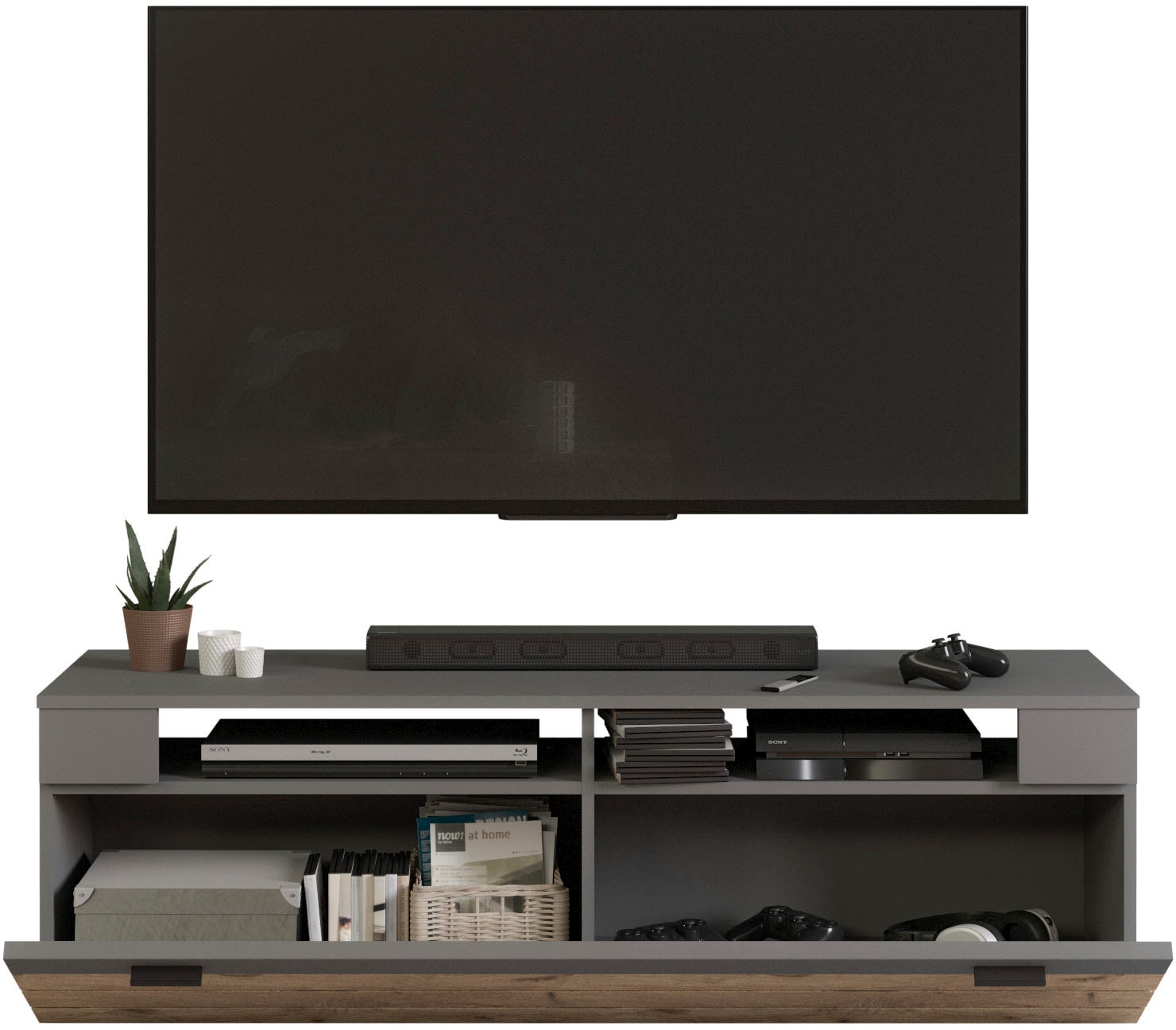 INOSIGN Lowboard »Aalborg, Breite 140 cm, 1 Klappe, 2 offene Fächer, Metallgriffe«, TV-Möbel, TV-Schrank, TV-Lowboard, Mediaboard, Wohnmöbel