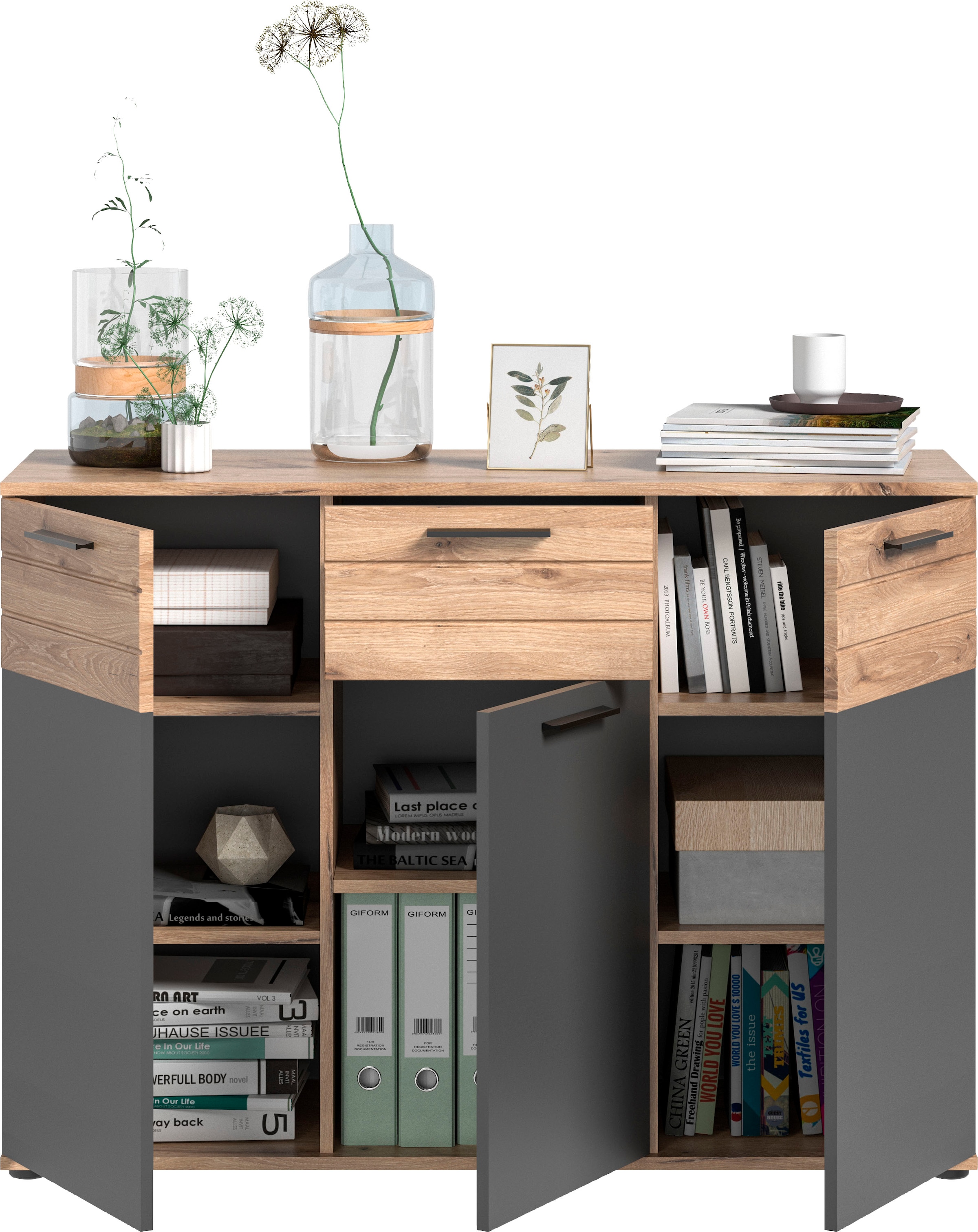 INOSIGN Sideboard »Riga, Breite 120cm, 3 Türen, 1 Schubkasten, 5 Einlegeböden, 8 Fächer«, hochwertige Rillenfräsung, mit Softclose, Kommode, Anrichte, Schrank