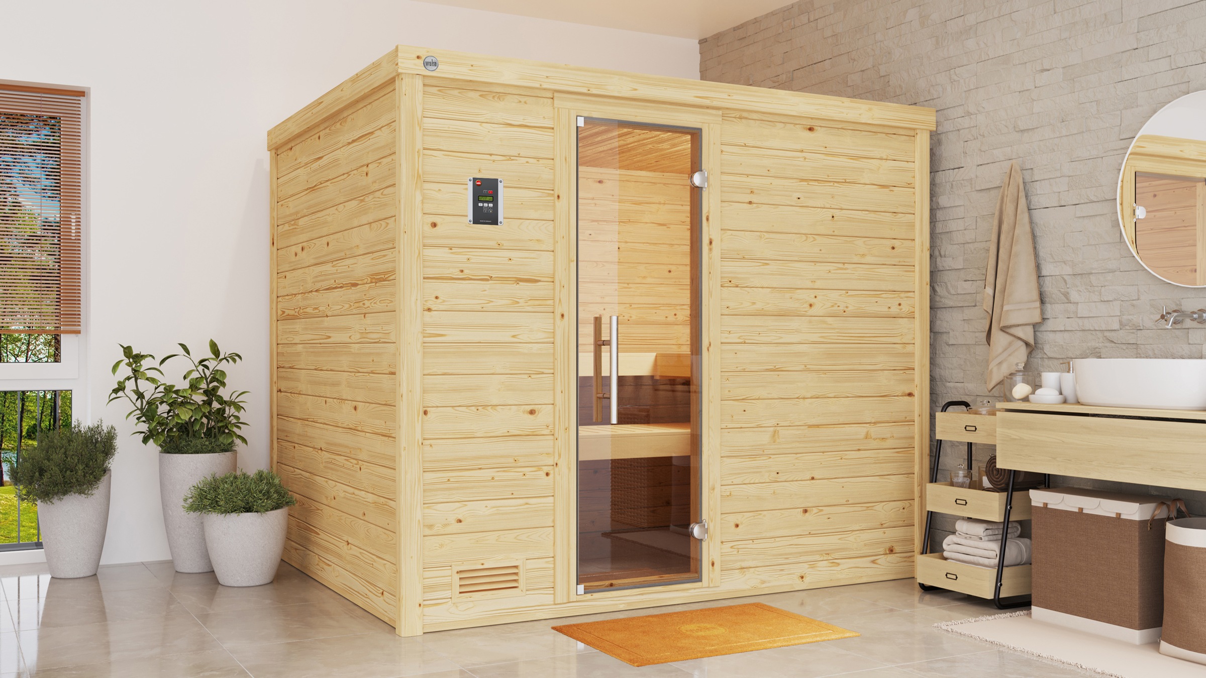 weka Sauna »Massivholzsauna BERGEN 3«, Blockbohlen, moderne Ganzglastür