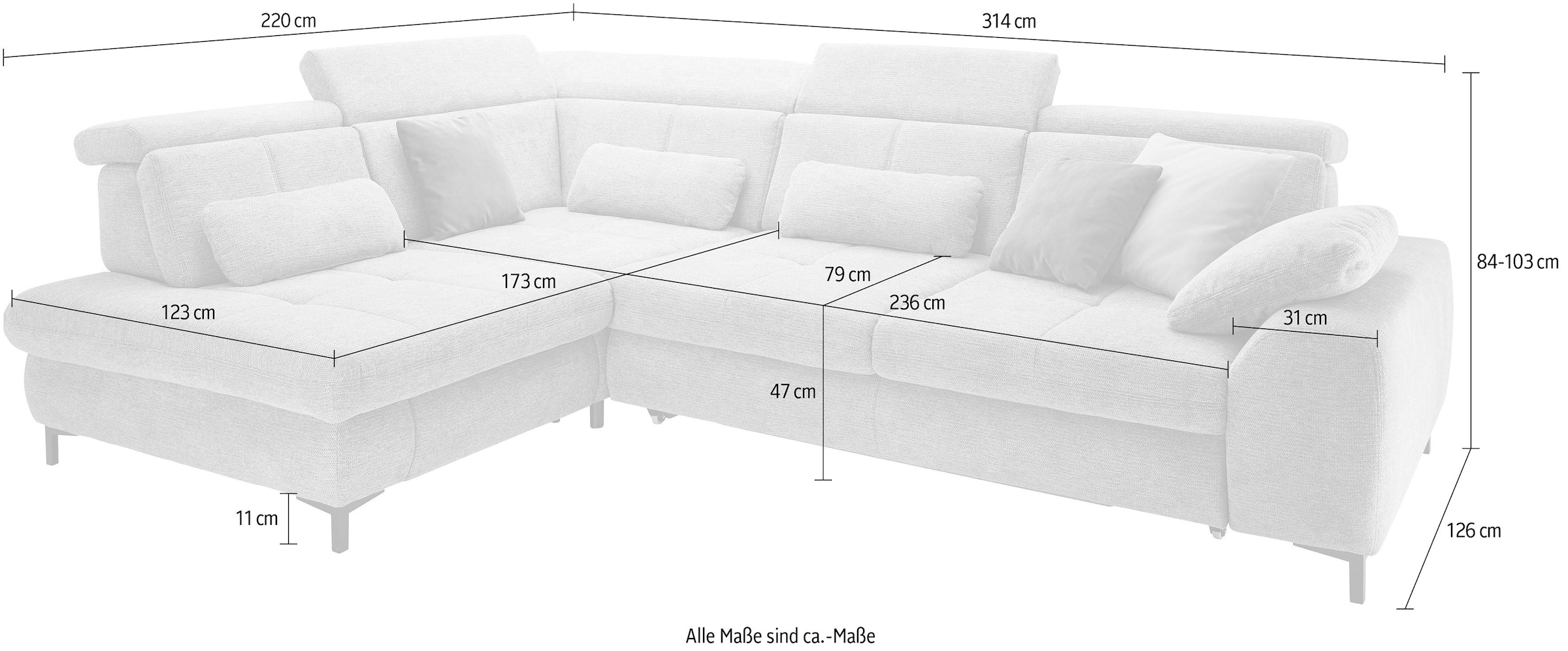 set one by Musterring Ecksofa »SO 3400 Sitzhöhe 47cm oder 49cm, Sitztiefe verstellbar, B/T 317/220 cm«, Kaltschaumpolsterung, Flachgewebe, whlw. mit Funktionen, Sitzhöhe 47