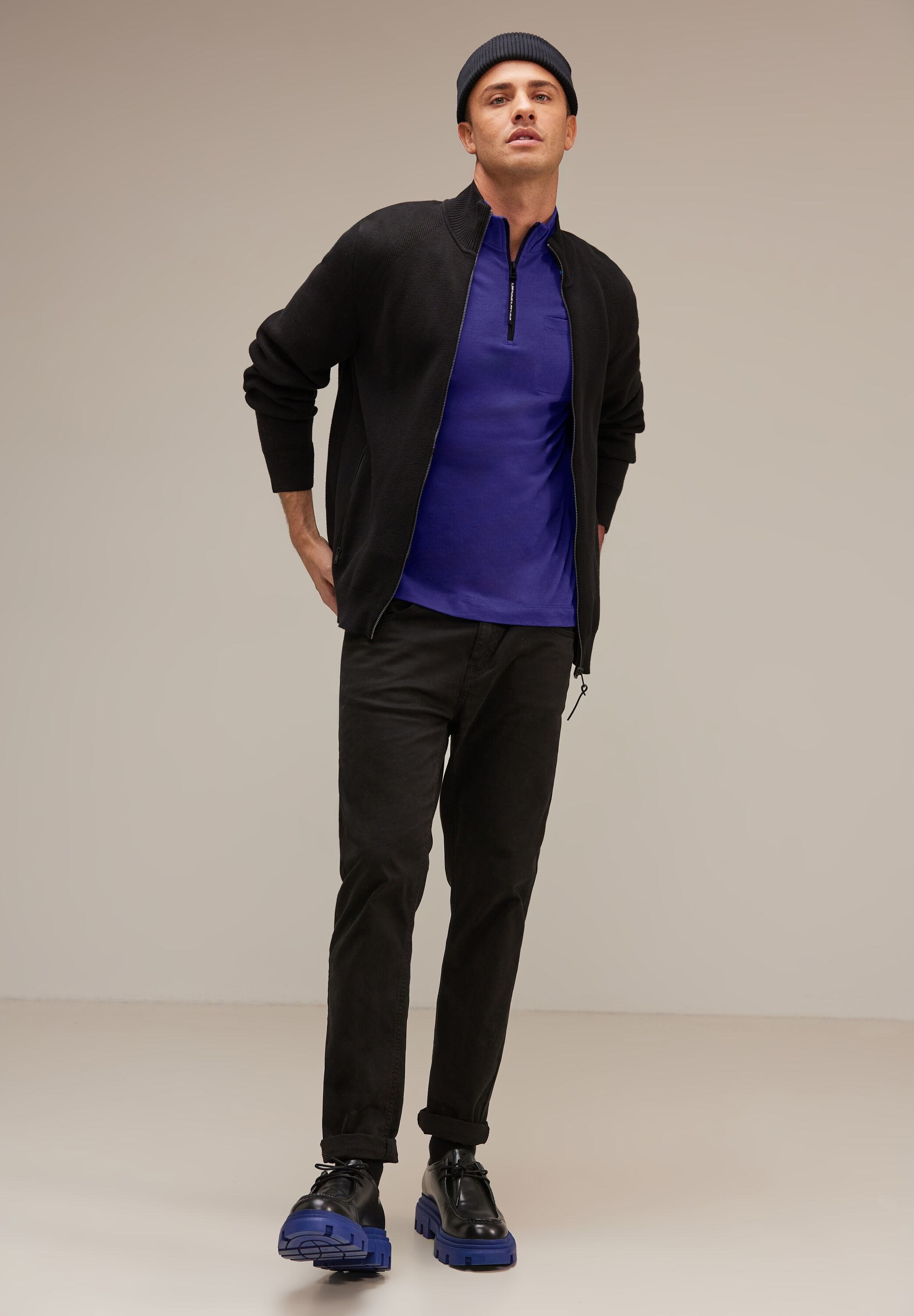 STREET ONE MEN Stehkragenshirt, aus reiner Baumwolle