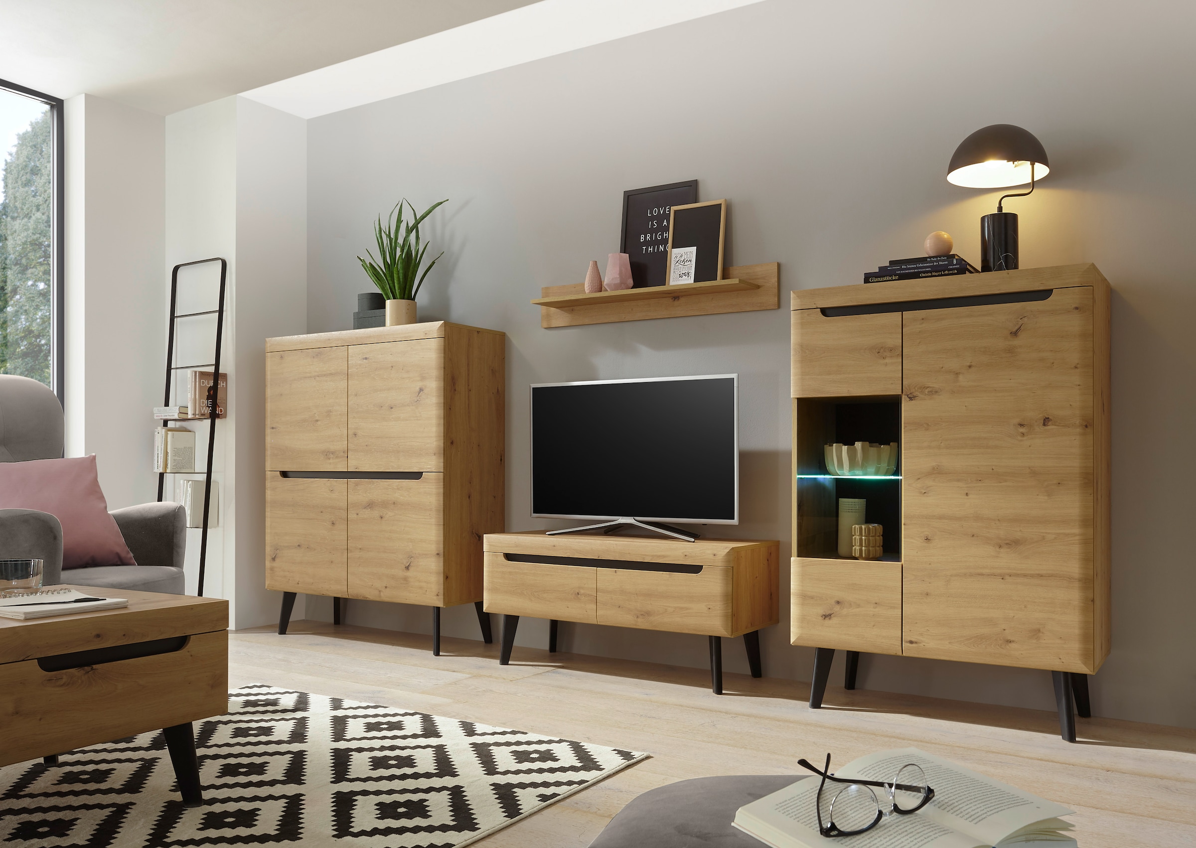 INOSIGN Highboard »Torge, Kommode, Schrank, Sideboard, Anrichte, Mehrzweckschrank«, (1 St.), abgeschrägte Füße, drei Farben, Scandi Design, 107 cm breit