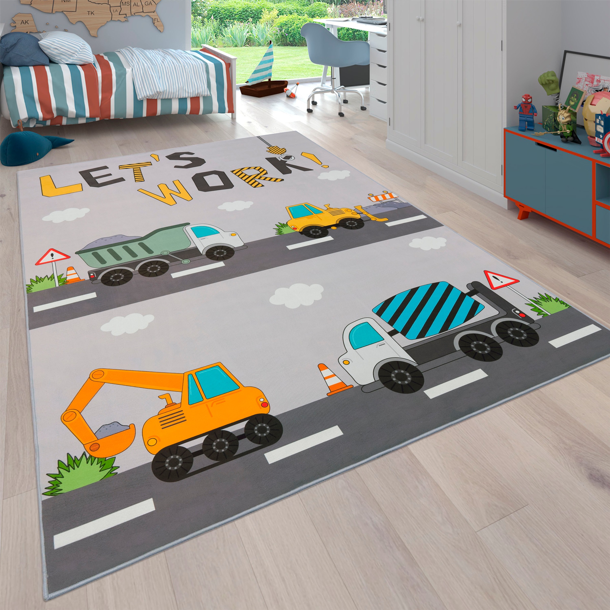 Paco Home Kinderteppich "Bino 578", rechteckig, 4 mm Höhe, Spielteppich, Motiv Autos & Baustelle, Kinderzimmer