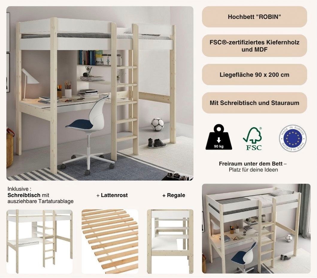 Lüttenhütt Hochbett »Stockbett, Kinderbett, "ROBIN " FSC® zertifiziertes Massivholz« mit Schreibtisch und Regalen