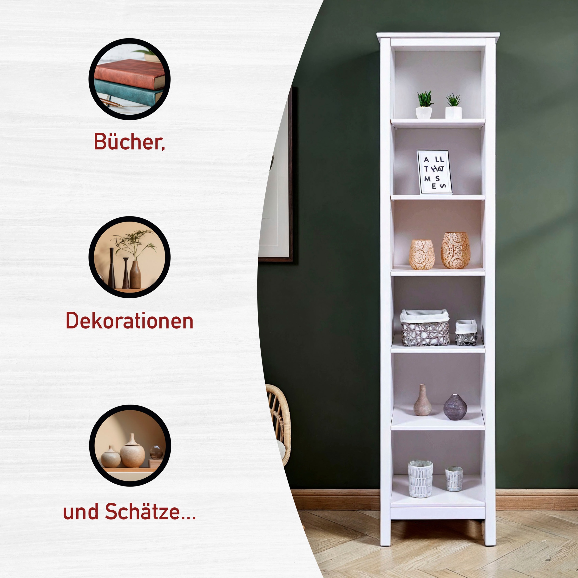 Inter Link Standregal »Pinora, Kiefer Massivholz Weiss, 5 Einlegeböden, 50 x 39,50 x 197 cm« 1 Stk. tlg. Regal im modernem Skandi Look, 2 Größen erhältlich