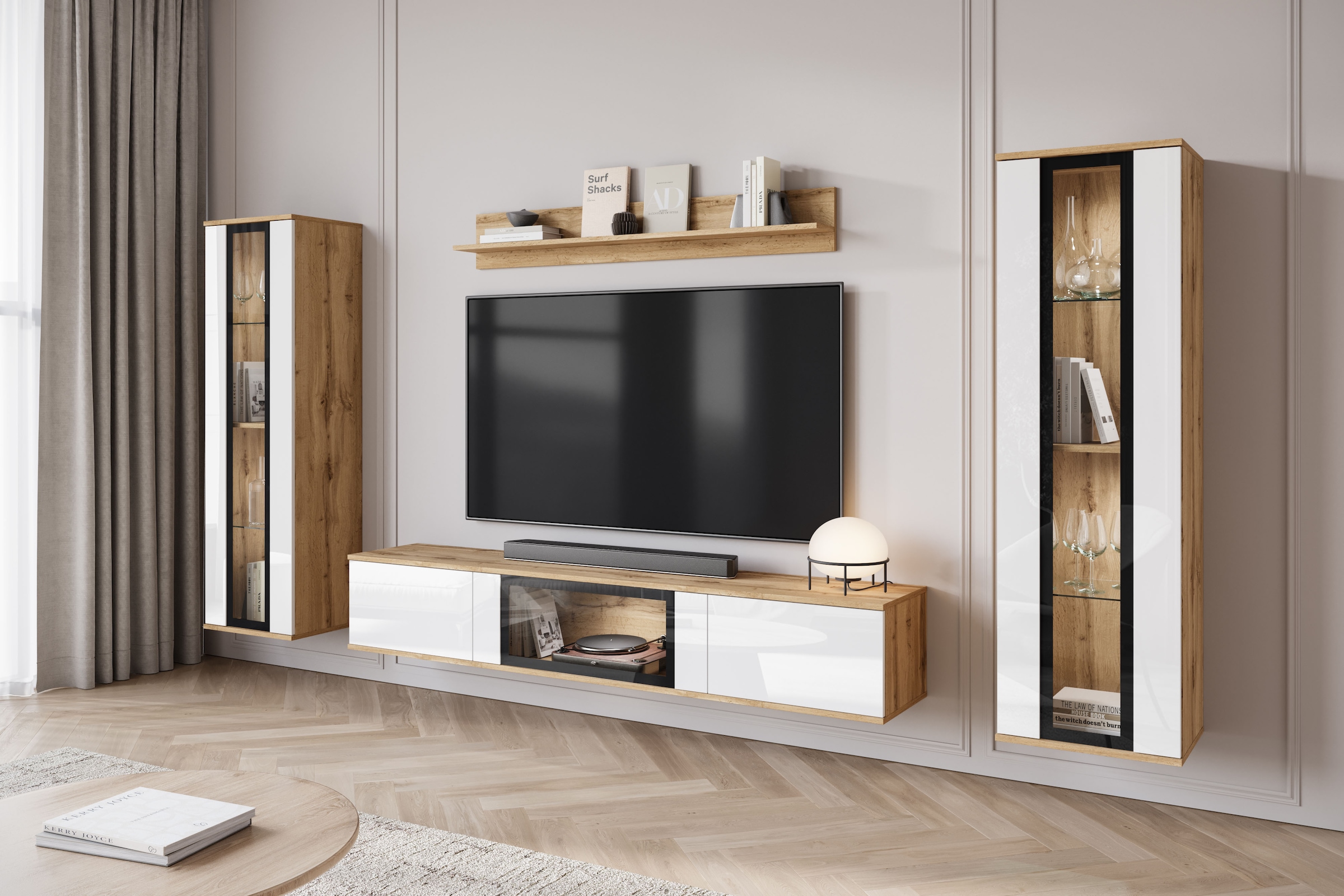 INOSIGN Wohnwand »Caro, stehend und hängend montierbar«, (Komplett-Set, 4 St., Vitrine Türanschlag links/rechts wechselbar), grifflose Design, höhenverstellbare Einlegeböden