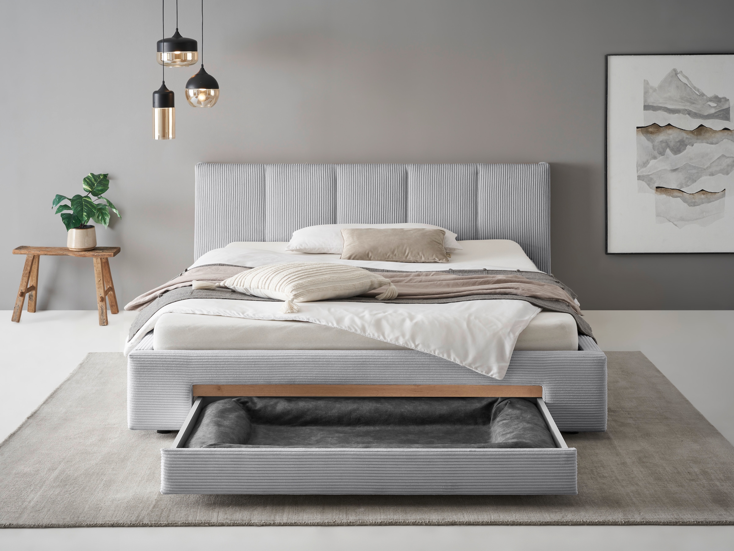 INOSIGN Polsterbett »CiTY/GiRON, Bettgestell mit Bettkasten, gepolstertes Stauraumbett«, mit Hundebett oder Stauraumschublade, Bezug Cord-oder Leinenoptik