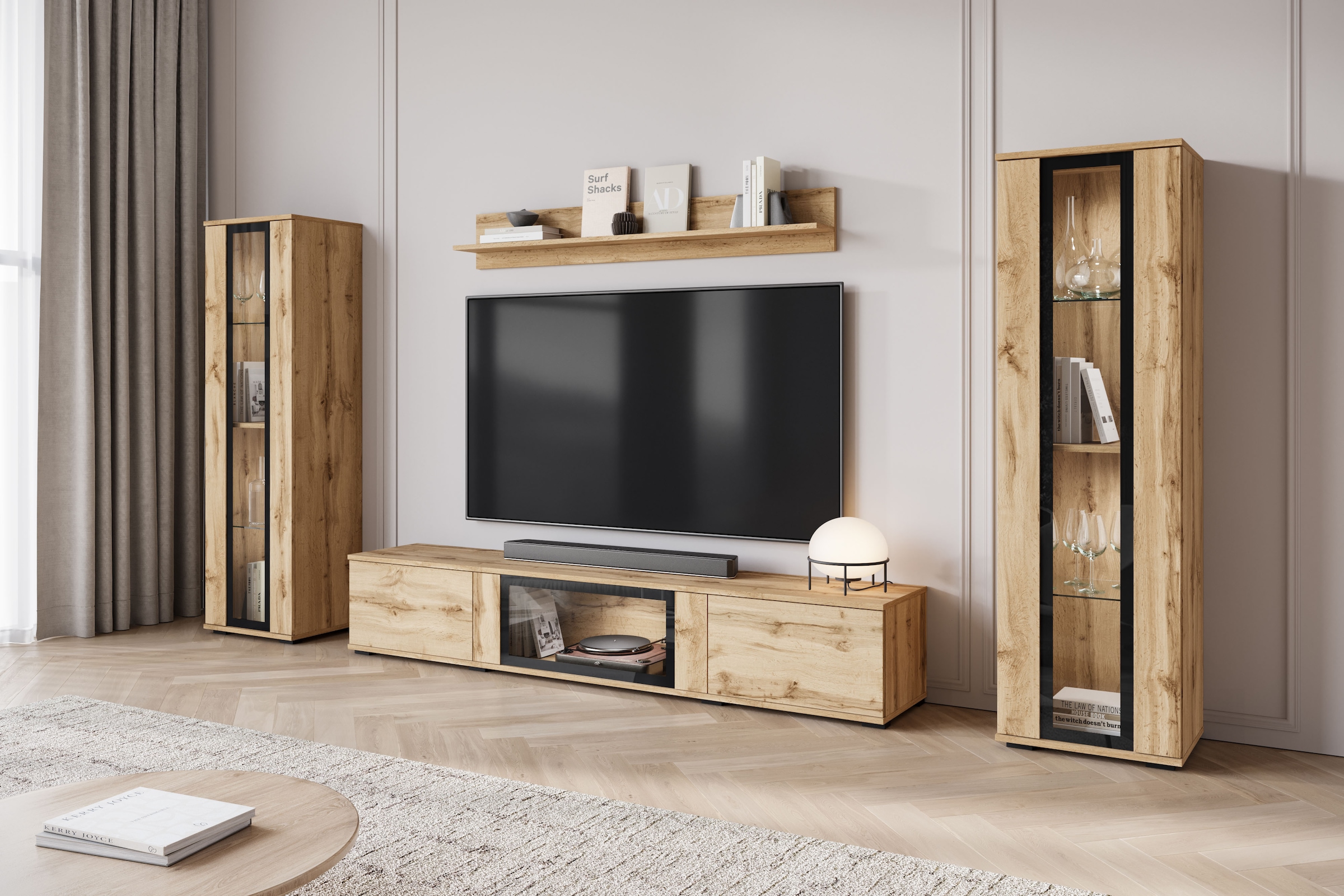 INOSIGN Wohnwand »Caro, stehend und hängend montierbar«, (Komplett-Set, 4 St., Vitrine Türanschlag links/rechts wechselbar), grifflose Design, höhenverstellbare Einlegeböden