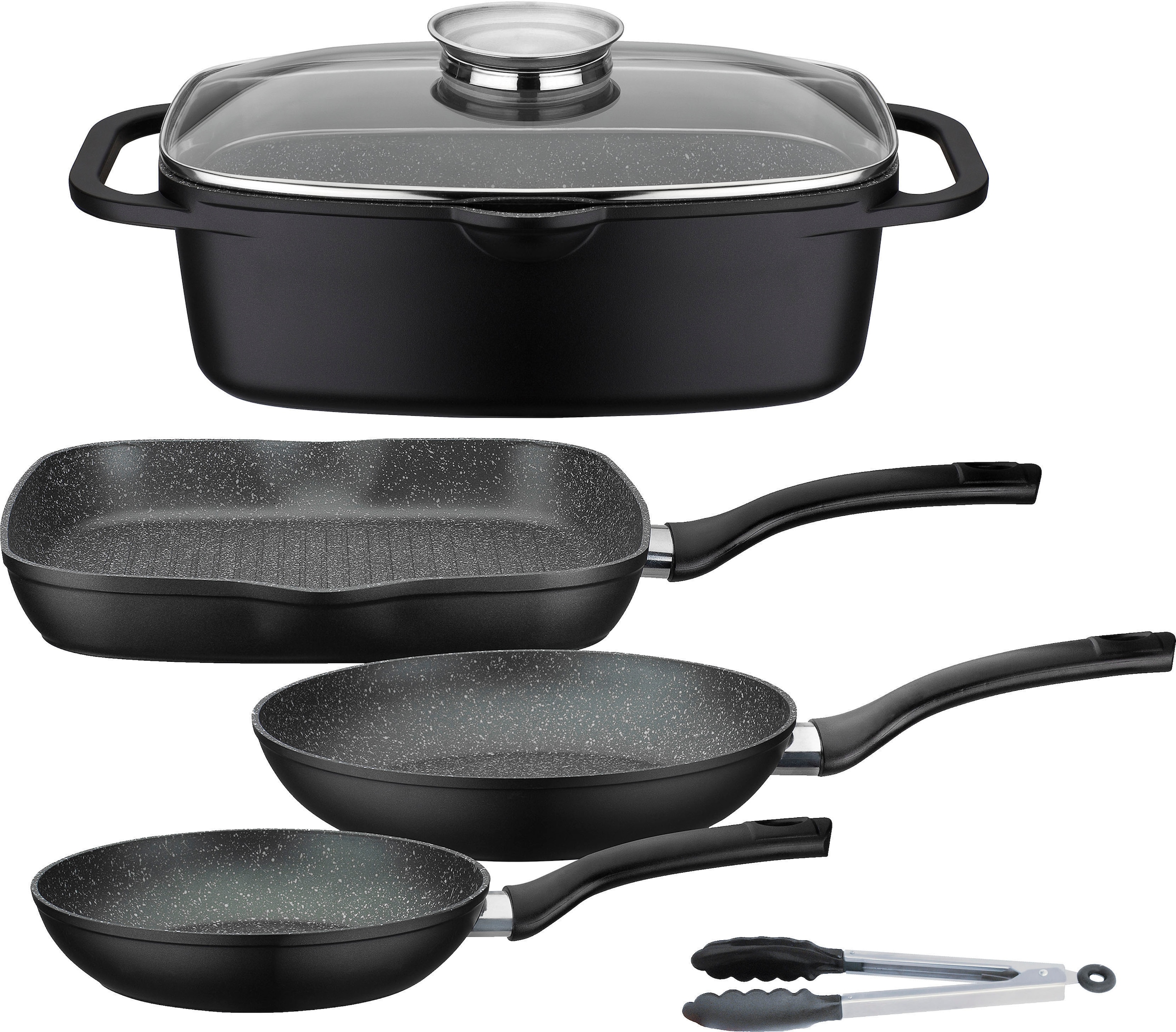 GSW Topf-Set "Gourmet Granit", Aluminiumguss, (Set, 5 tlg., 1 Bräter, 1 Grillpfanne Ø 28cm, je 1 Bratpfanne Ø 20/24cm, 1