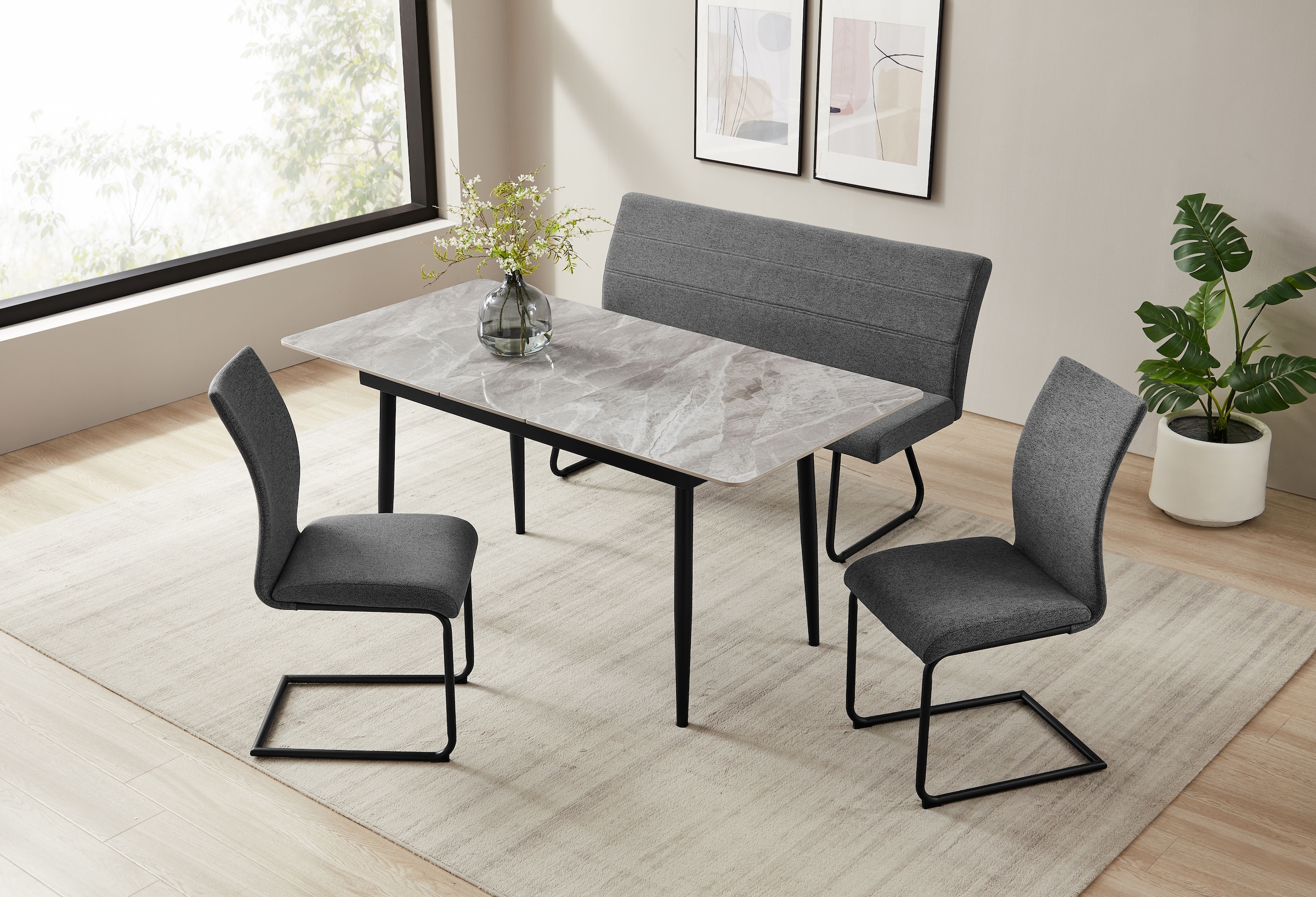 OTTO home Essgruppe »Stevian« Set, Ausziehbarer Esstisch + Bank + 2 Stühle, 4 Stk. tlg. Holz, Strukturstoffbezug, Freischwingerstühle, gesteppten Bänken