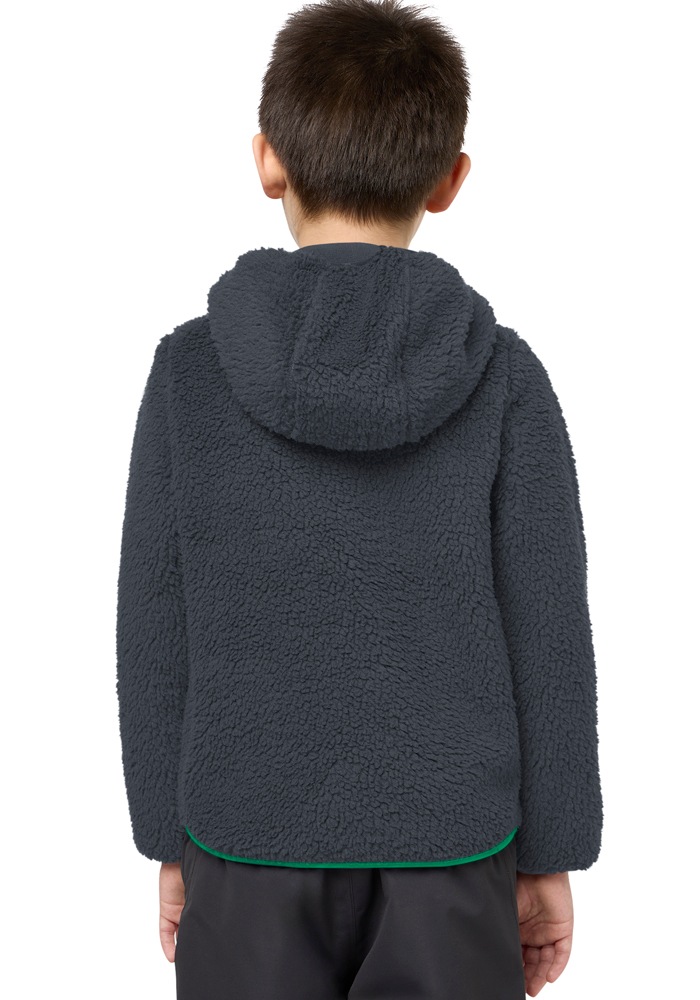 Fleecejacke JACK WOLFSKIN "ICE CURL HOOD JACKET K", Kinder, Gr. 140, phantom, gr, Fleece, Obermaterial: 100% Polyester, normal, hoch geschlossener Ausschnitt, eingesetzt eingefasste Kante, Jacken Fleecejacke, Übergangsjacke mit Kapuze, mit Brusttasche mit 3