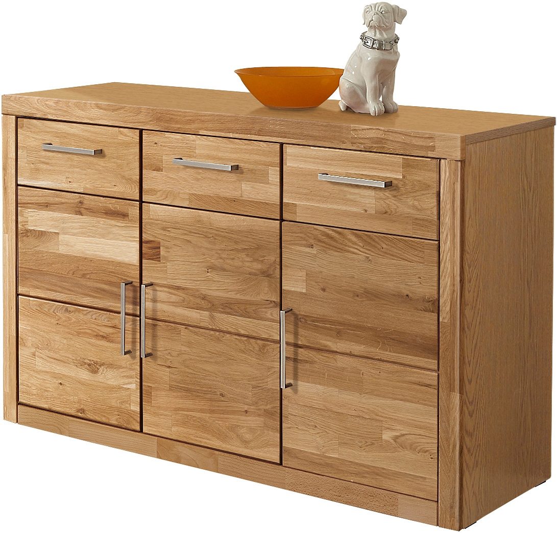 OTTO home Sideboard "Logo,130cm breit,42 cm tief, Fronten Massivholz,2 breite Fächer" Holz massiv, Holzwerkstoff, Metall Griffe,3Türen,3Schubladen