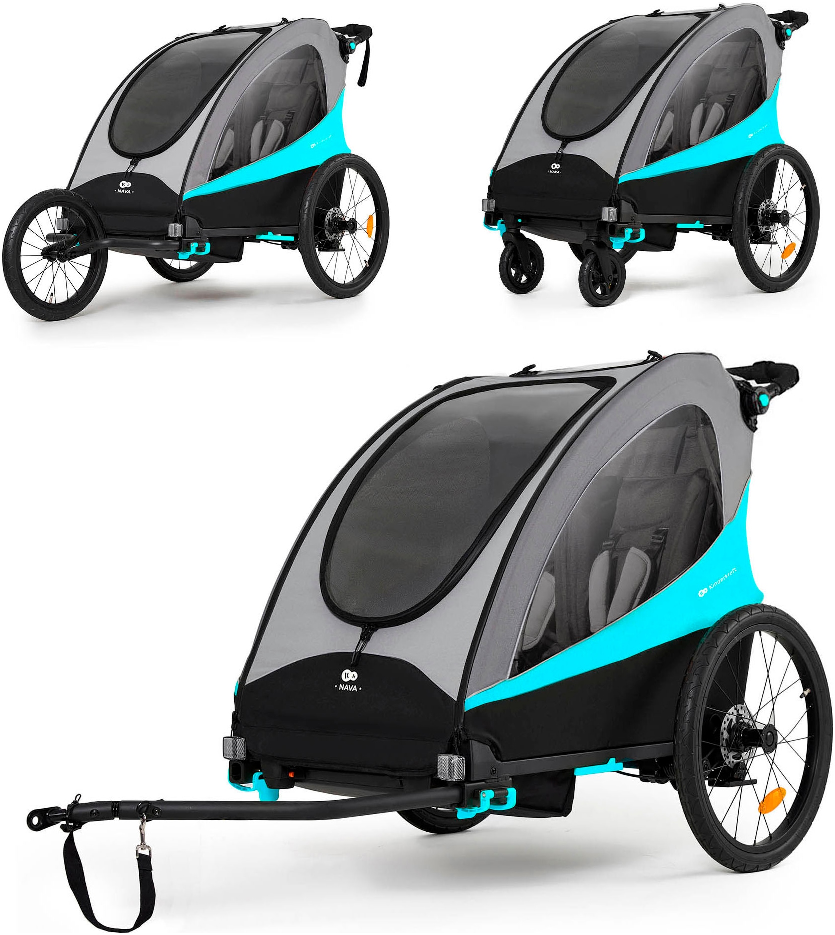 KINDERKRAFT Kinder Fahrradkinderanhänger "NAVA", blau, Fahrradanhänger, 3in1 Fahrradanhänger, Buggy & Jogger, Hand- & Fußbremse, für 2 Kinder