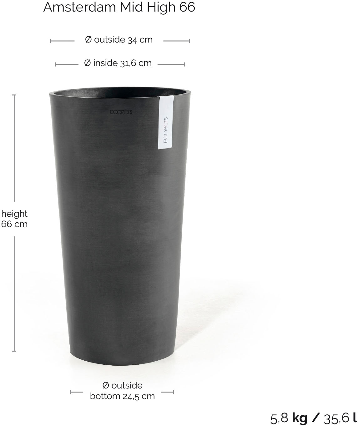 ECOPOTS Blumentopf »AMSTERDAM MID HIGH Dark Grey« BxTxH: 34x34x66 cm